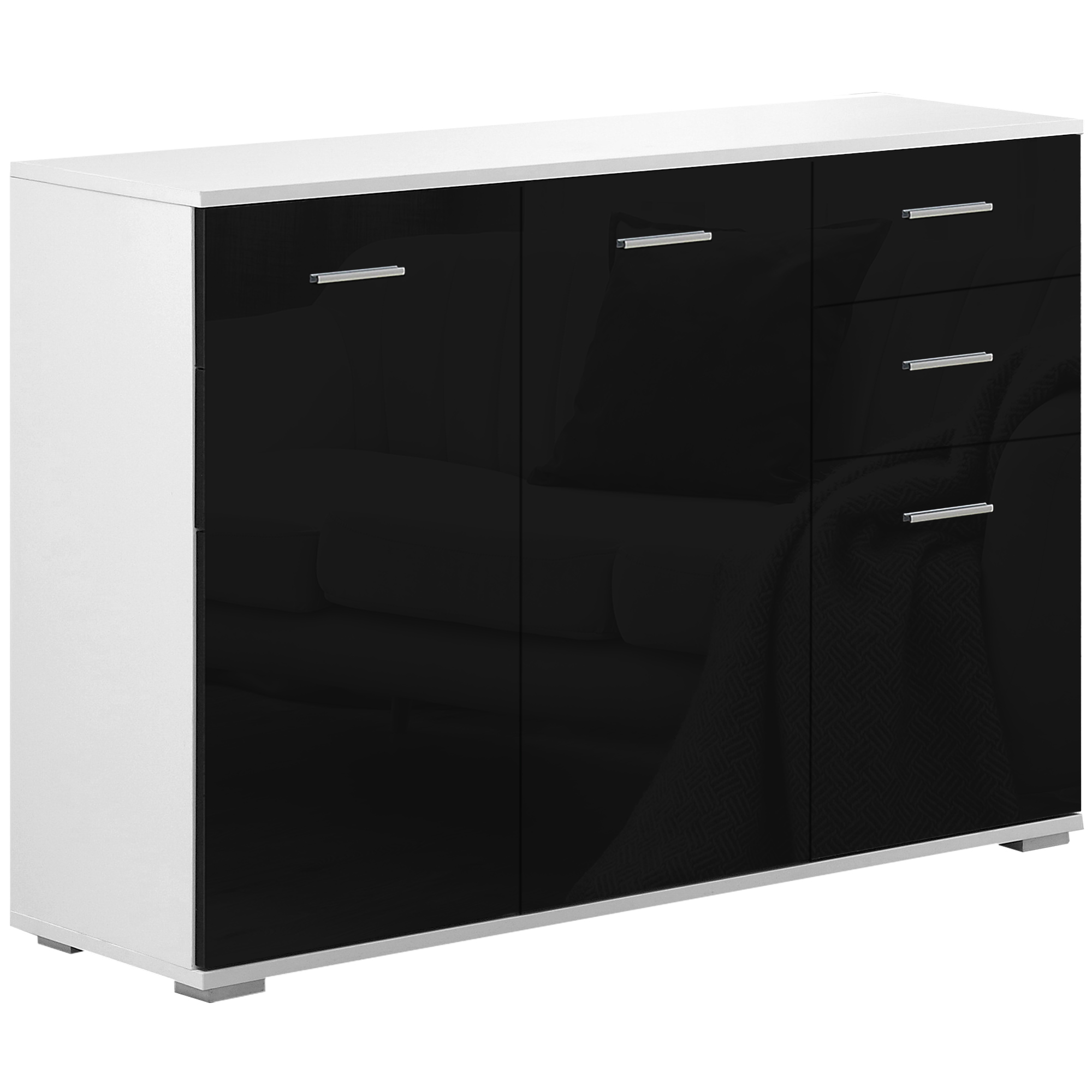 Easycomfort Comò, Mobiletto per Soggiorno e Camera con 3 ante e 2 cassetti, Nero Lucido, Antigraffio (106 x 35 x 76 cm)