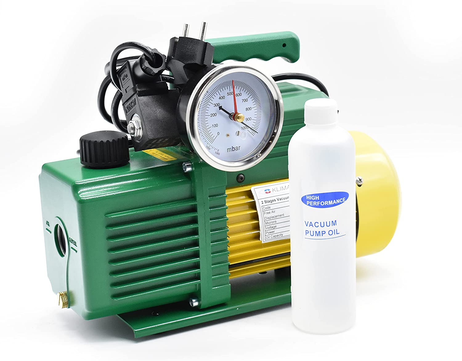 Pompa vuoto bistadio Klimaline con vacuometro e valvola solenoide per impianti gas HFO - R32 - R410 - R1234YF 142 L/min motore antideflagrante per con