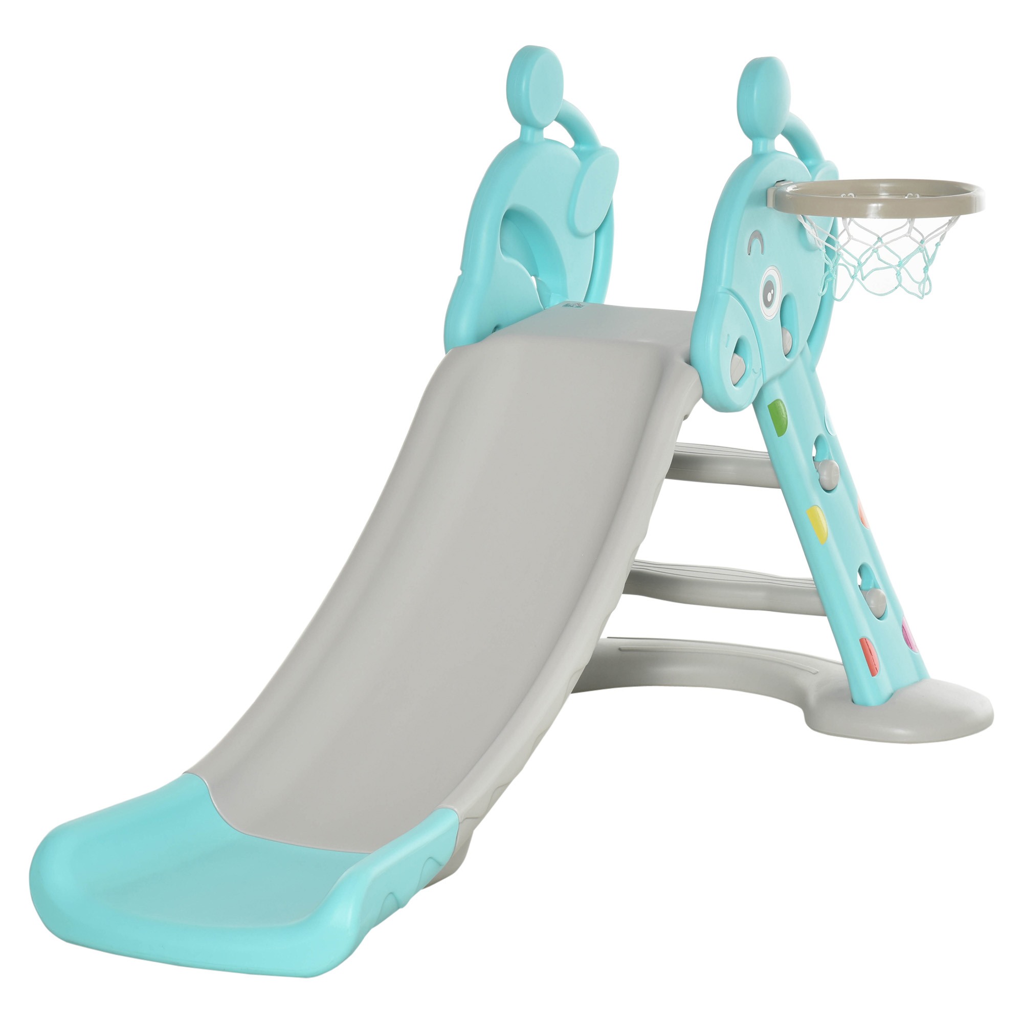 Image of Easycomfort Scivolo per Bambini da 18 Mesi Pieghevole con 3 Scalini e Canestro Basket, Scivolo da Interno ed Esterno, 147x82x85.5 cm, Blu e Grigio