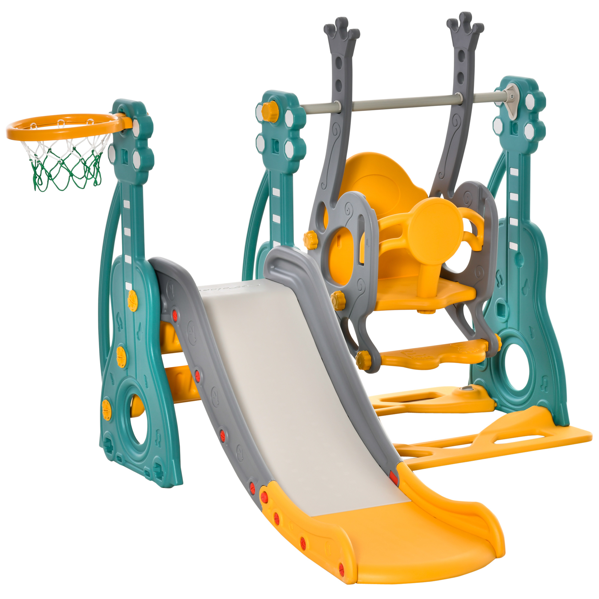 Image of Easycomfort Scivolo 3 in 1 per Bambini con Altalena Regolabile, Canestro e Palle per Cameretta e Giardino, 152x149x107cm, Blu, Grigio, Giallo