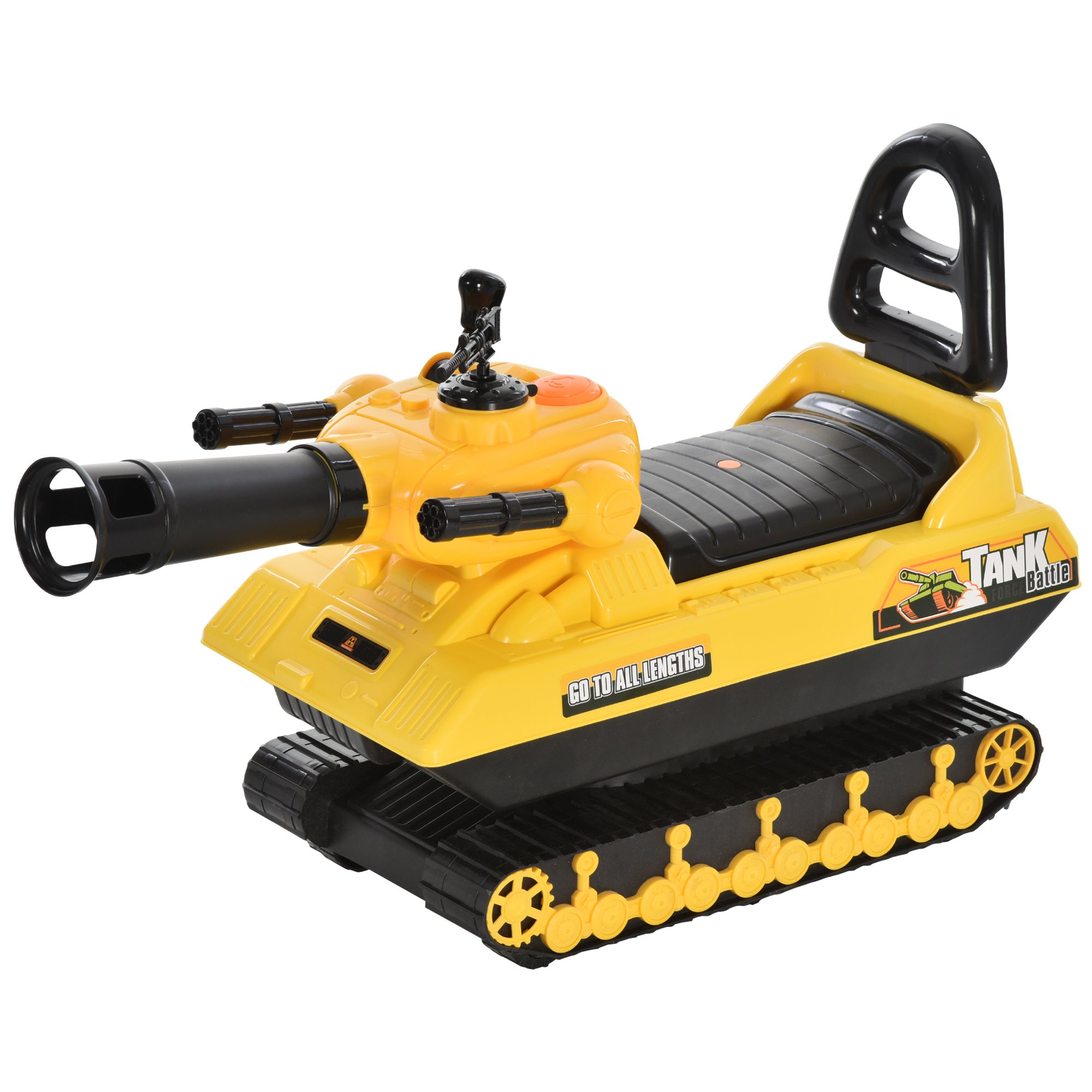 Easycomfort Macchina Cavalcabile per Bambini con Cannone Spara Palline e Vano Contenitore, Carro Armato per Bambini 3+Anni, 68x24x41.5cm, Giallo