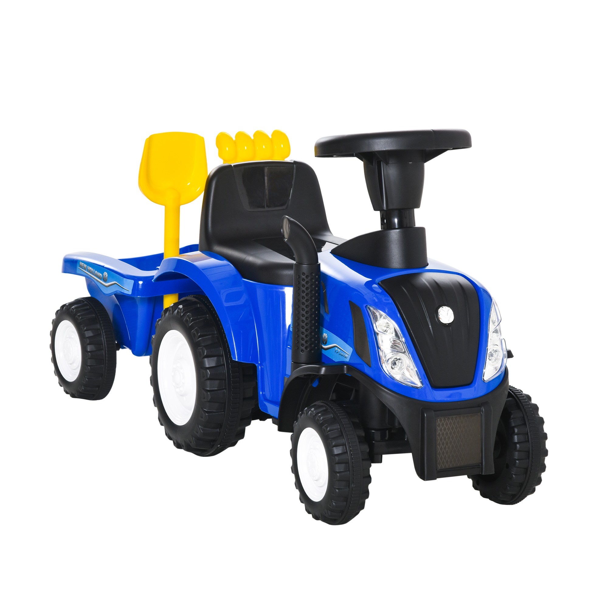 Image of Easycomfort Trattore per Bambini Cavalcabile con Rimorchio, Rastrello e Pala, Gioco Educativo per Bimbi 12-36 Mesi, 91x29x44cm, Blu