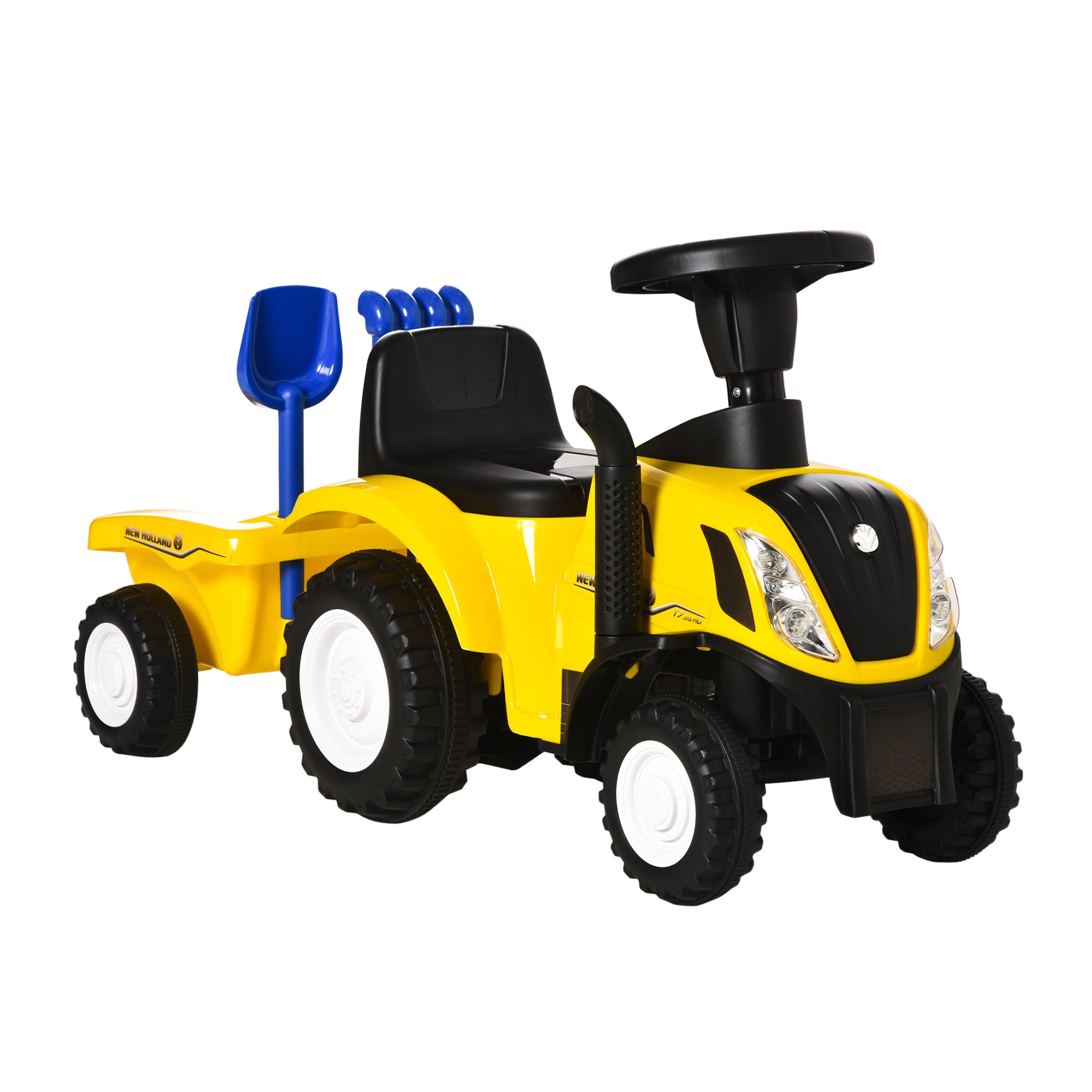 Image of Easycomfort Trattore Giocattolo per Bambini Cavalcabile con Rimorchio, Rastrello e Pala, Gioco Educativo per Bimbi 12-36 Mesi, 91x29x44cm, Giallo
