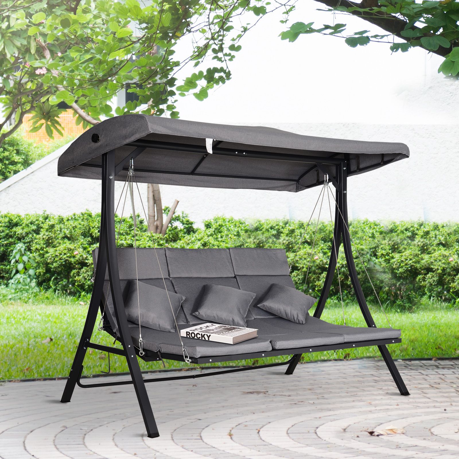 Image of Easycomfort Dondolo da Giardino 3 Posti con Tettuccio Parasole Regolabile e 3 Cuscini, Dondolo da Esterno con Seduta Traspirante in Texteline e Metallo, Portata Fino a 270 kg, 198x118x168 cm, Grigio