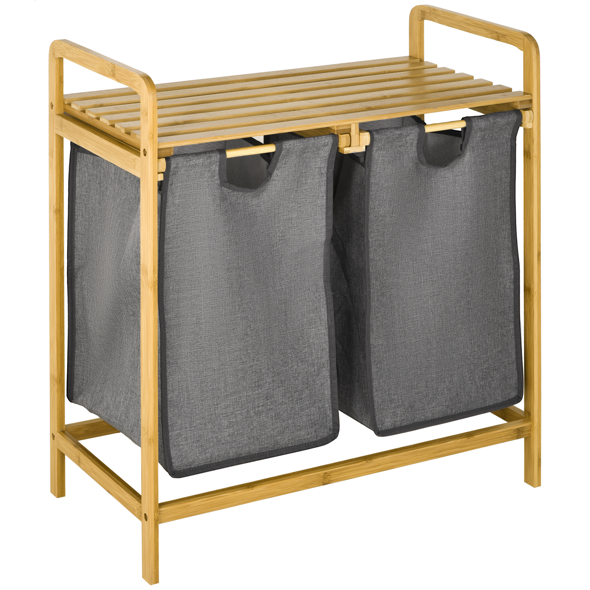 Easycomfort Portabiancheria in Legno di bambù con Doppio cesto Estraibile e Ripiano a Doghe, 63.5x33x73cm Grigio
