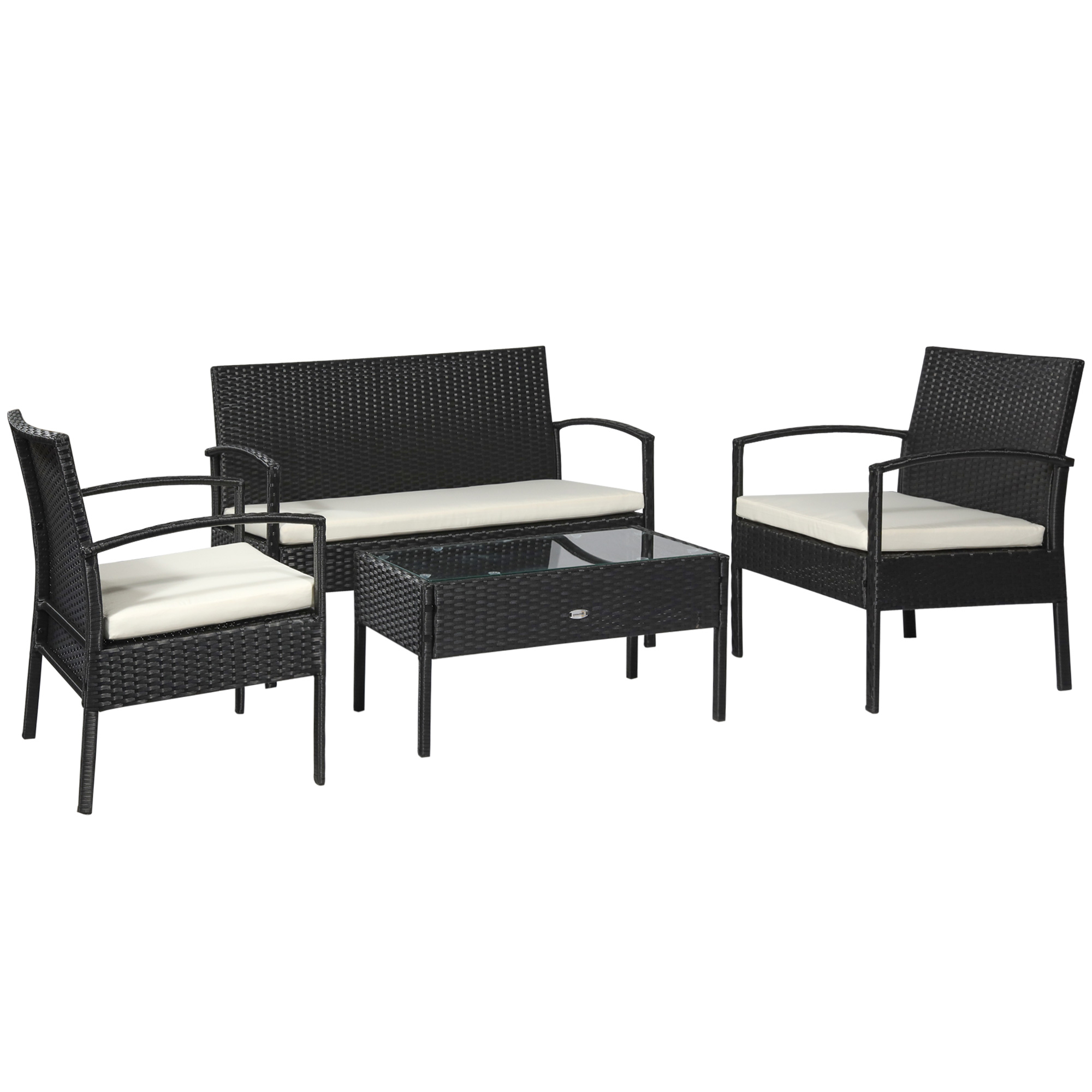 Easycomfort Set da Giardino 4 Pezzi in Rattan PE con Tavolino da Giardino, 2 Poltroncine e Divano 2 posti, Nero e Crema