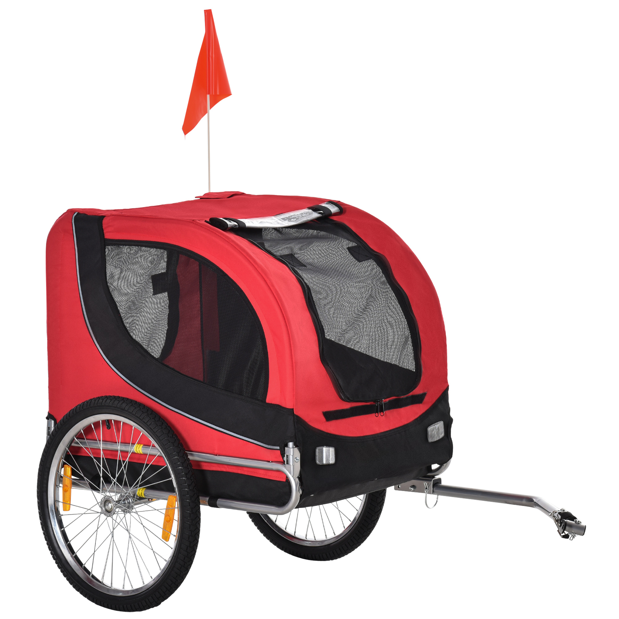 Image of Easycomfort Rimorchio Bici per Cani Taglia Media con Punto di Attacco, Finestre Laterali e Bandierina, Rimorchio per Bici in Acciaio e Tessuto Oxford, 130x73x90 cm, Rosso e Nero