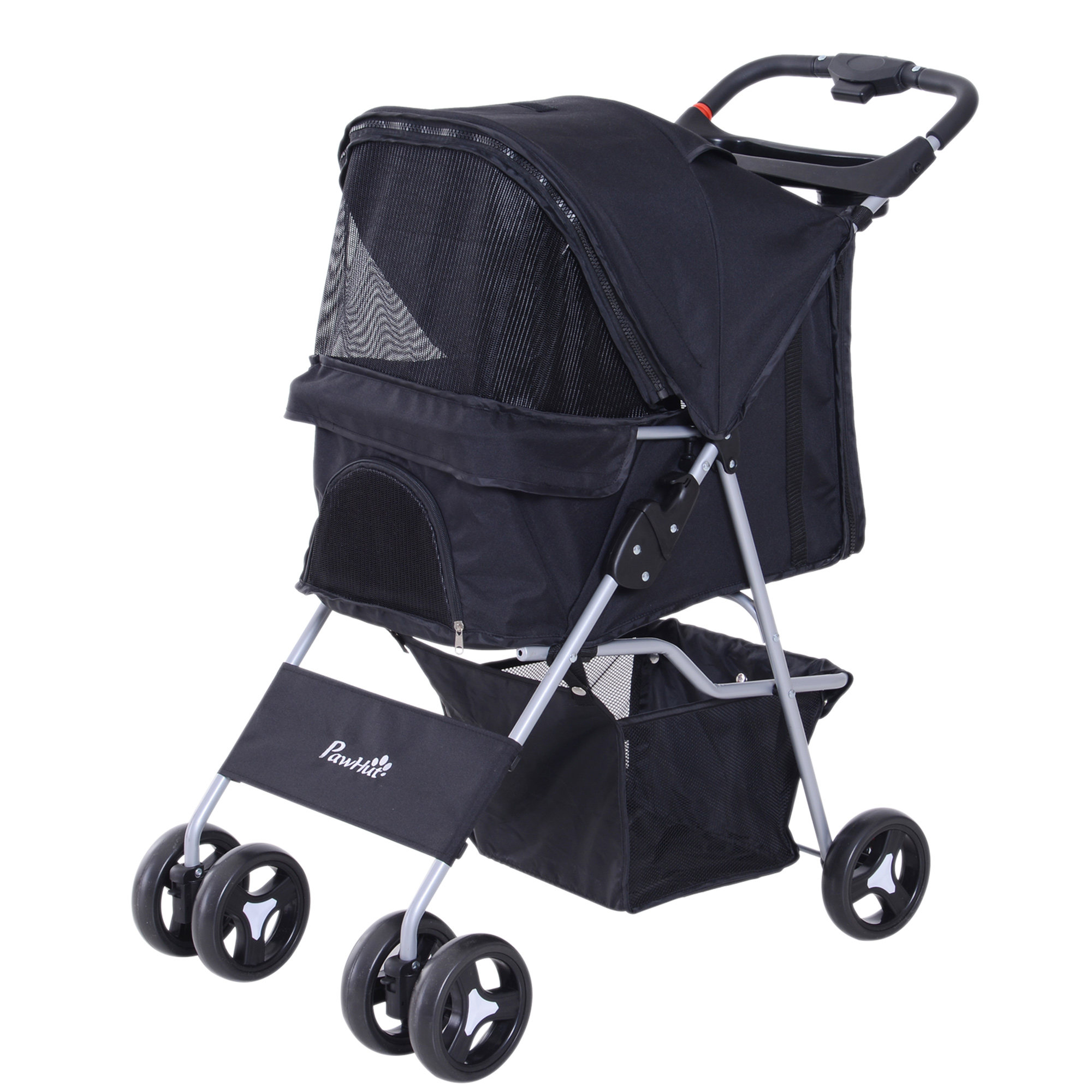 Easycomfort Passeggino per Cani Piccoli Pieghevole, Carrozzina per Cani con Ruote con Freni, Portabicchieri, Cestino Portaoggetti, 3 Finestre e Ruote Anteriori a 360°, per Animali Domestici 10 kg, Nero