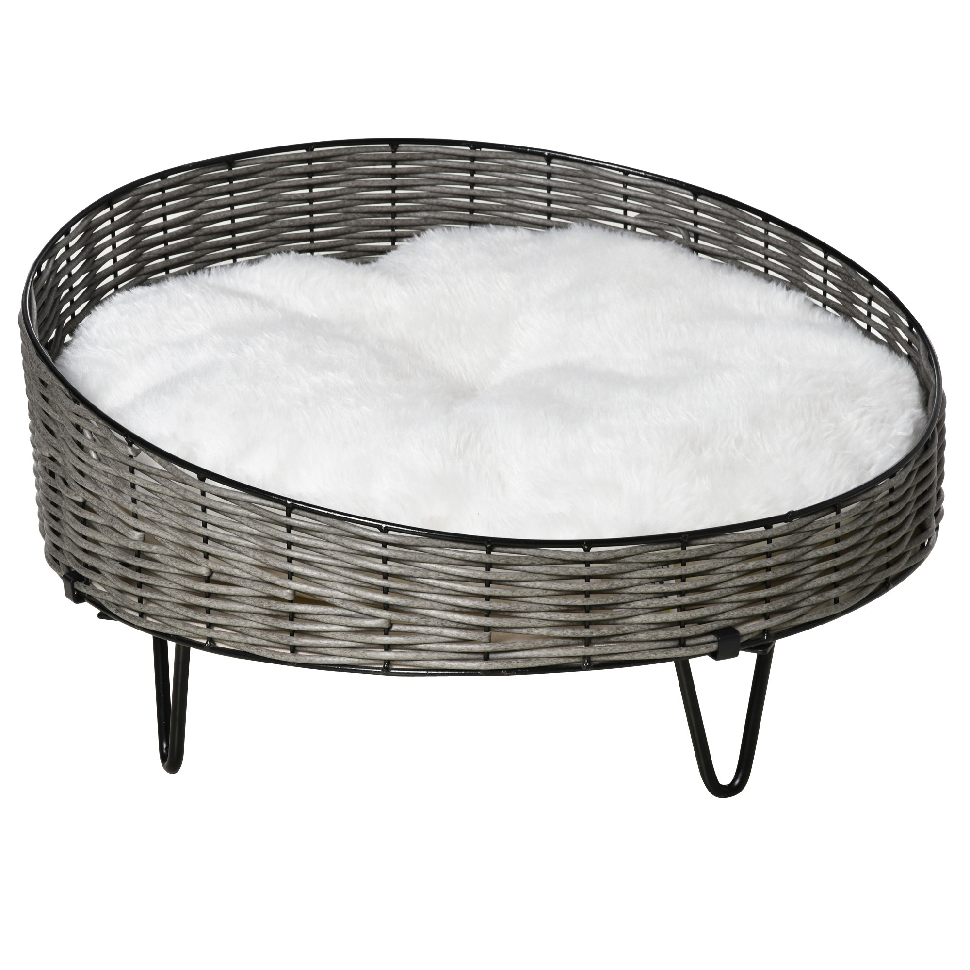 Easycomfort Cuccia per Cani e Gatti in Rattan PE con Cuscino in Peluche Lavabile, Φ60x32cm Grigio Scuro