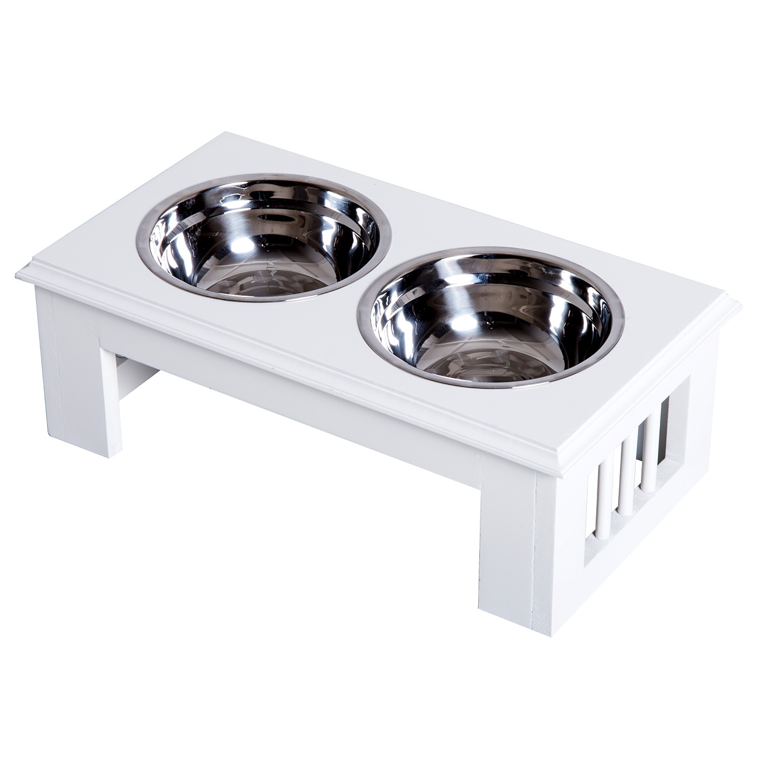 Image of Easycomfort Ciotole Rialzate per Cani Taglia Piccola ed Extra Piccola, Supporto Portaciotole in MDF con 2 Ciotole in Acciaio Inox per Cibo e Acqua, Bianco