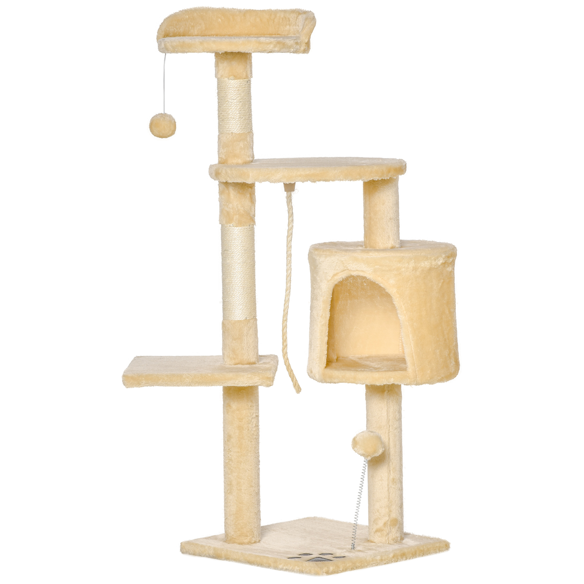Image of Easycomfort Albero Tiragraffi per Gatti in Legno a 4 Livelli con Cuccia, Giocattoli, Pallina e Corda, Altezza 114 cm