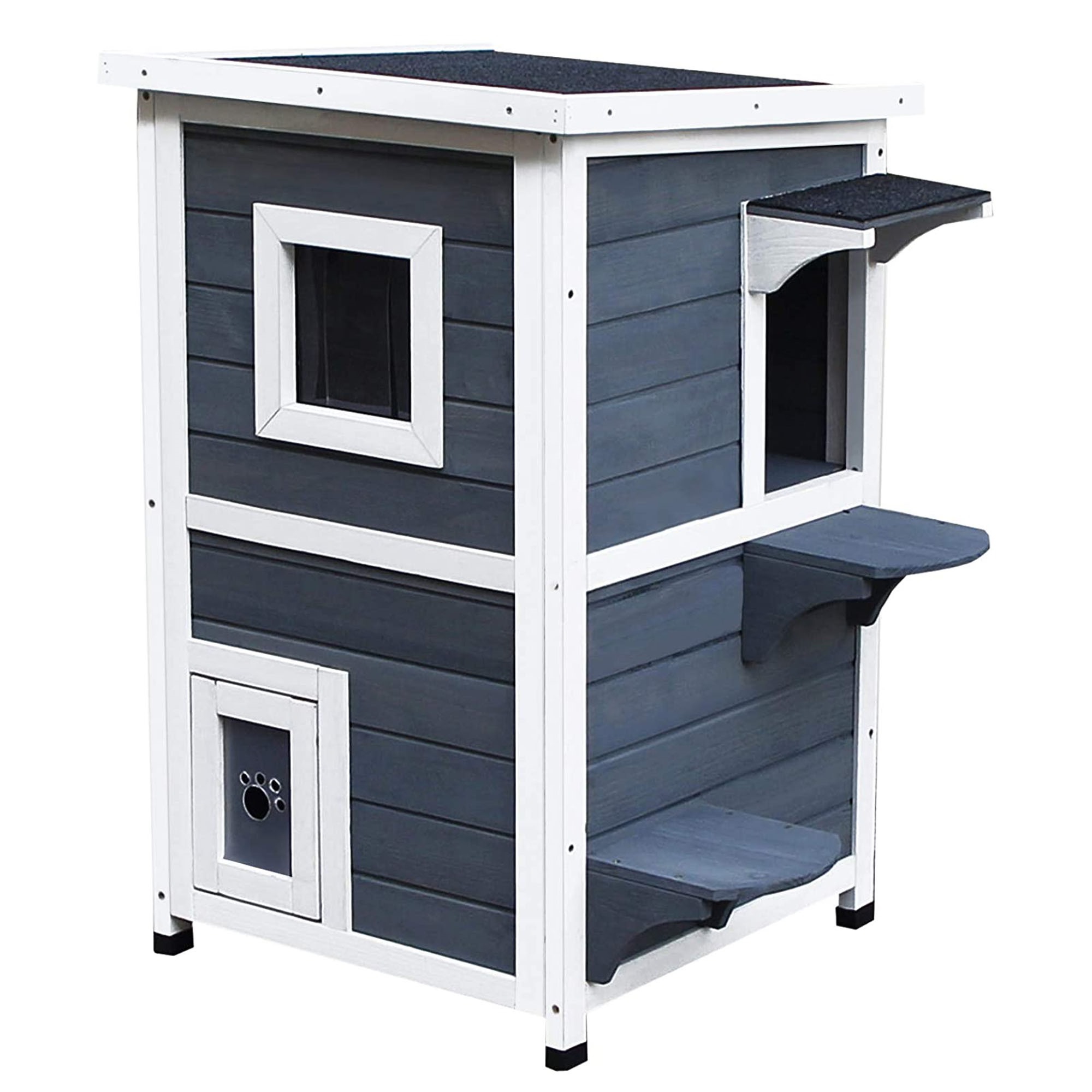 Image of Easycomfort Cuccia per Gatti in Legno Impermeabile a 2 Piani, Casetta per Animali da Esterno con Tetto Apribile, 51x51x81.3cm