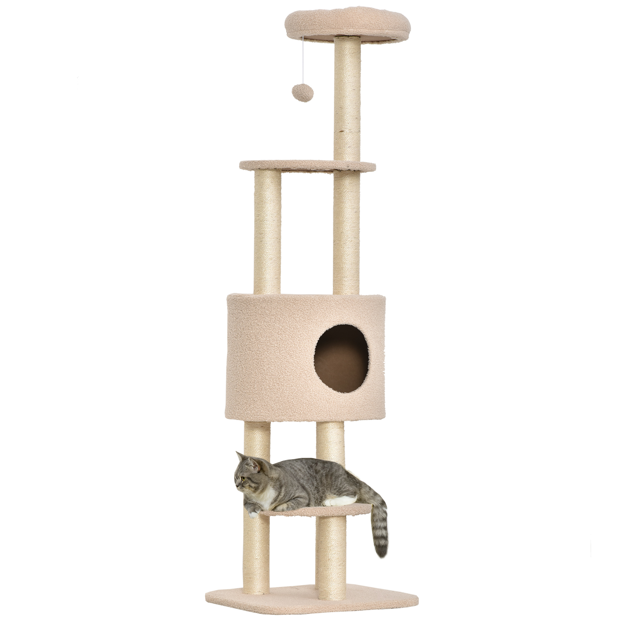 Image of Easycomfort Albero Tiragraffi Robusto per Gatti con 5 Livelli, Cuccia, Casetta, Giochi e Corda Sisal, Beige, Max 30kg