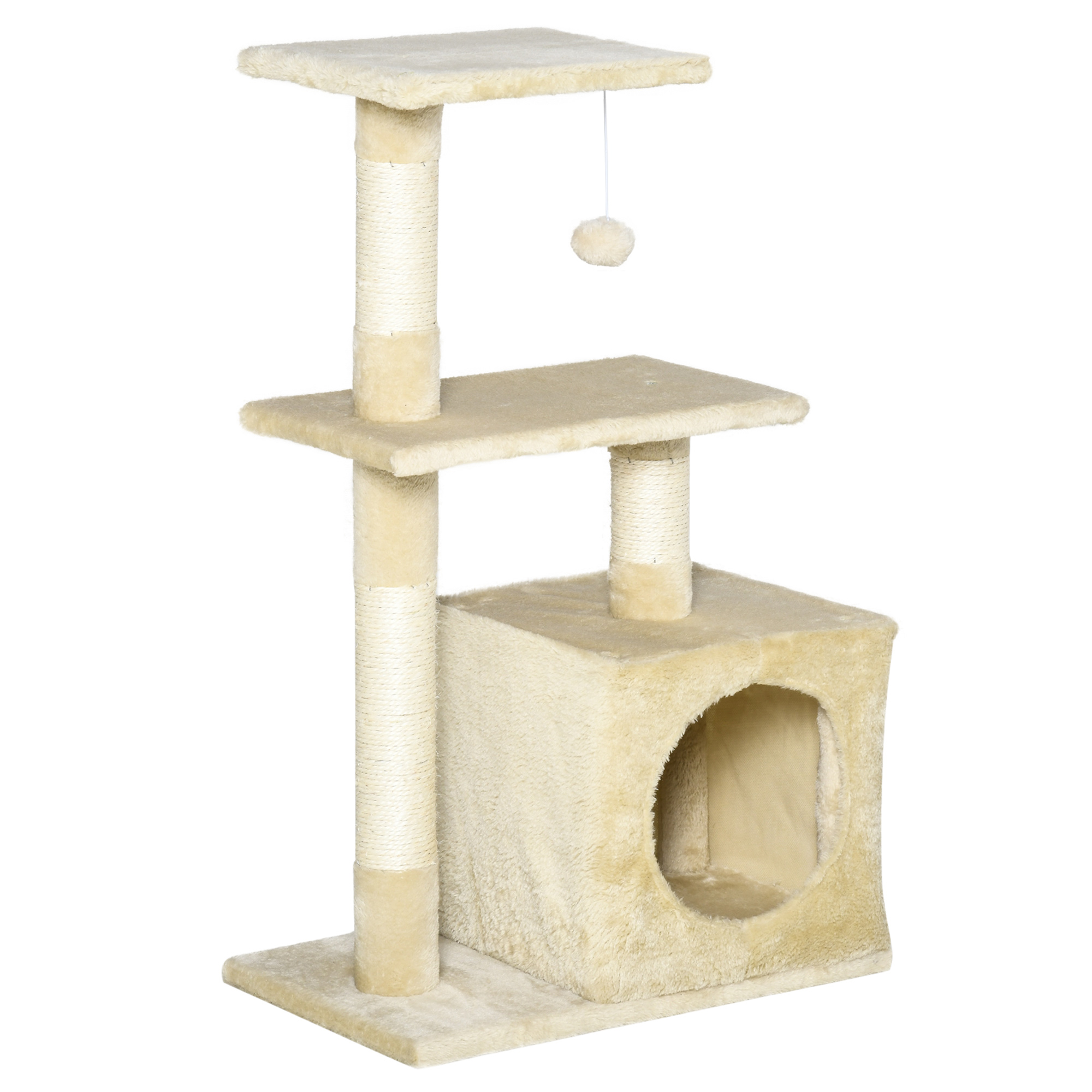 Image of Easycomfort Albero Tiragraffi per Gatti con Cuccia, Pallina e Pali in Corda Sisal, in Peluche Beige, 50x30x81.5cm