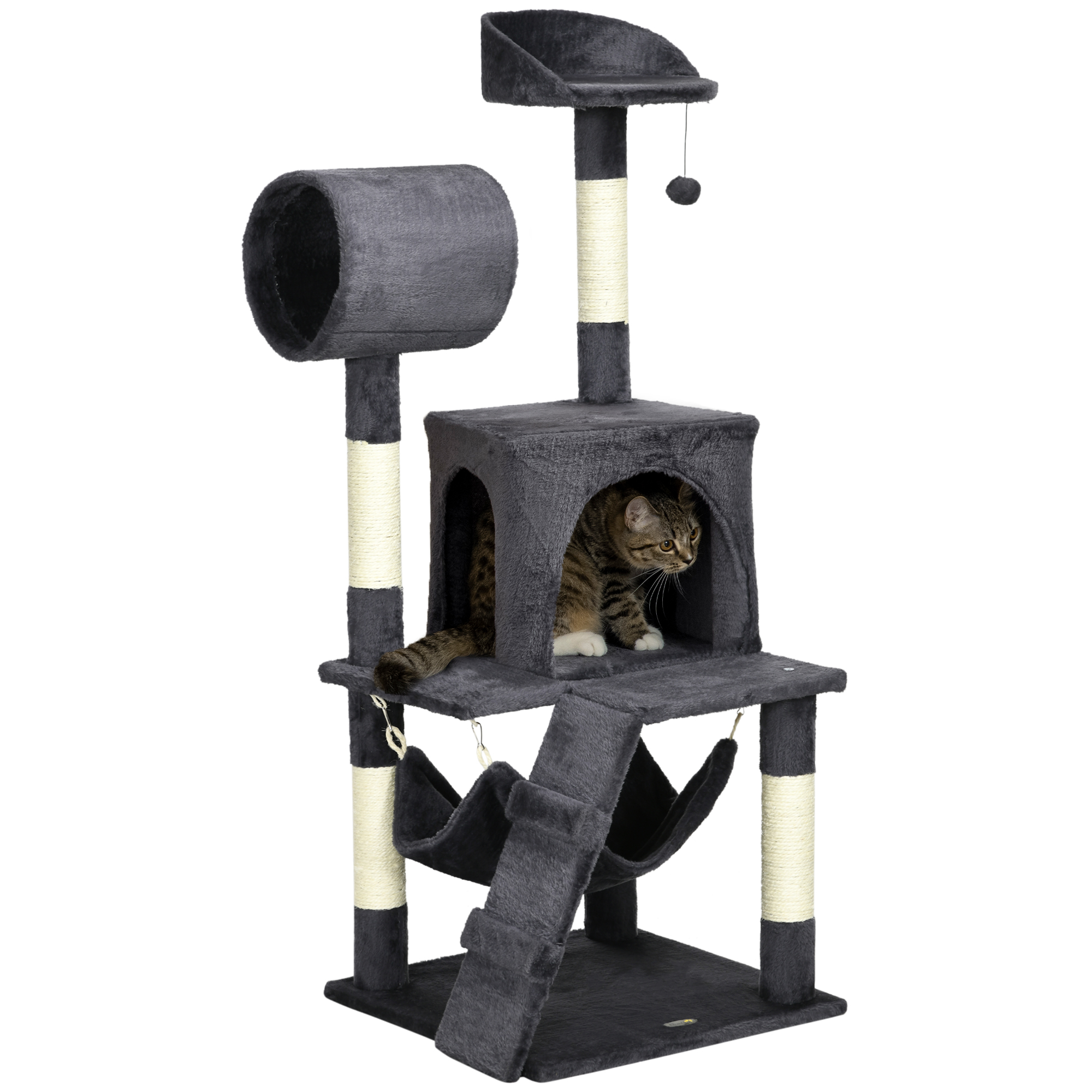 Image of Easycomfort Albero per Gatti con Tiragraffi per Gatti, Casetta per Gatti, Amaca, Letto, Tunnel e Pallina, 48x48 x125 cm, Grigio Scuro