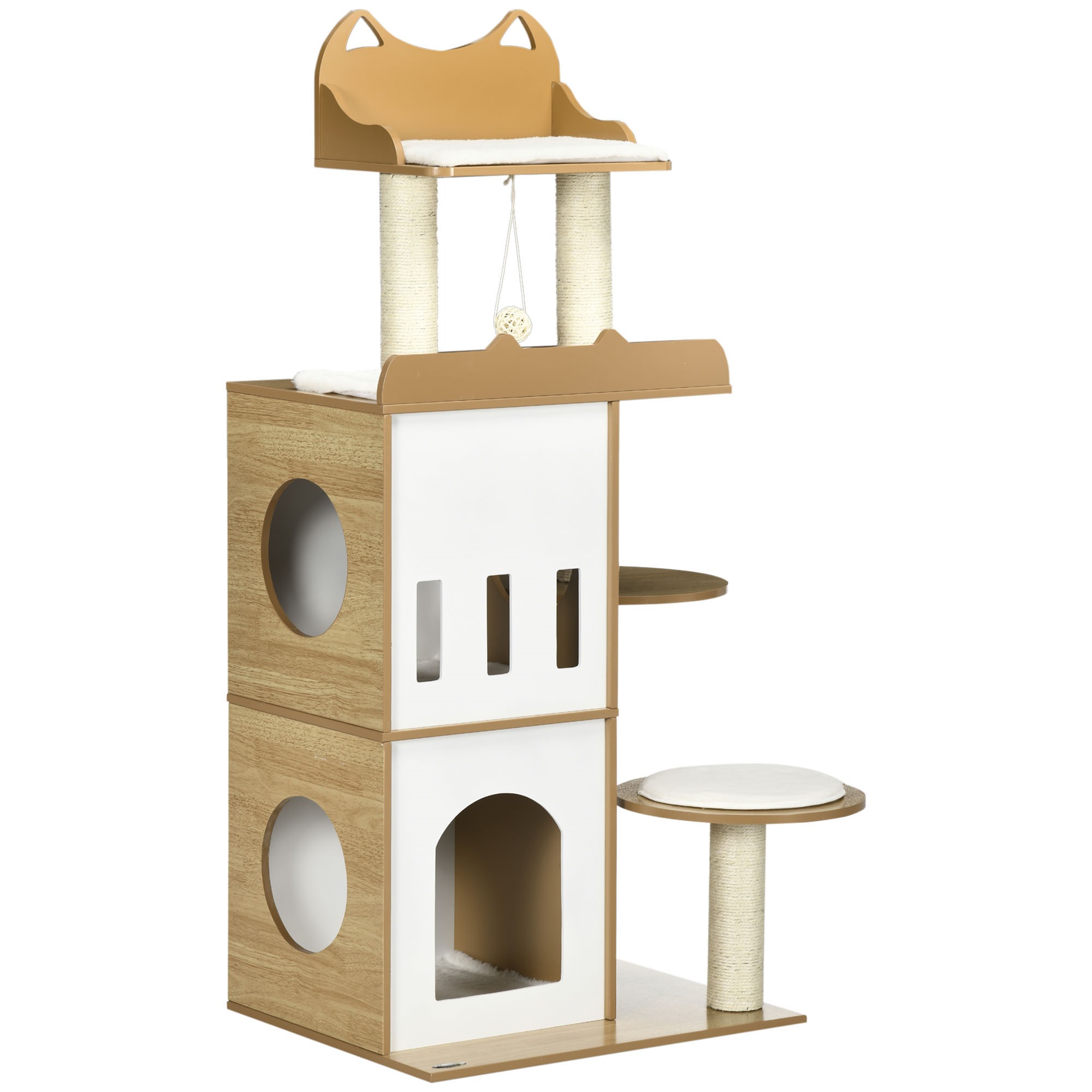 Image of Easycomfort Albero per Gatti in MDF con Tiragraffi per Gatti, 2 Casette per Gatti, Posatoi e Pallina da Gioco, 60x48x133 cm