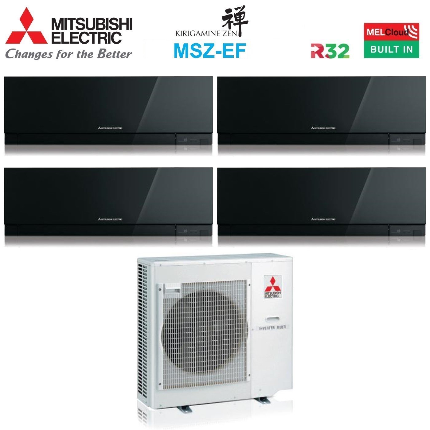 Image of Climatizzatore Condizionatore Mitsubishi Electric Quadri Split Inverter serie KIRIGAMINE ZEN BLACK MSZ-EF 7+7+7+12 con MXZ-4F80VF R-32 Wi-Fi Integrato Colore Nero 7000+7000+7000+12000