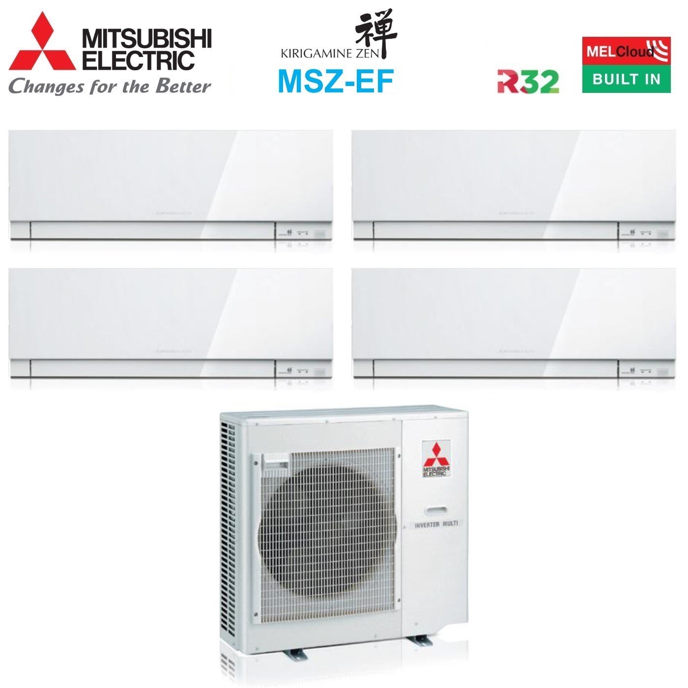 Image of Climatizzatore Condizionatore Mitsubishi Electric Quadri Split Inverter serie KIRIGAMINE ZEN WHITE MSZ-EF 7+7+7+9 con MXZ-4F72VF R-32 Wi-Fi Integrato Colore Bianco 7000+7000+7000+9000