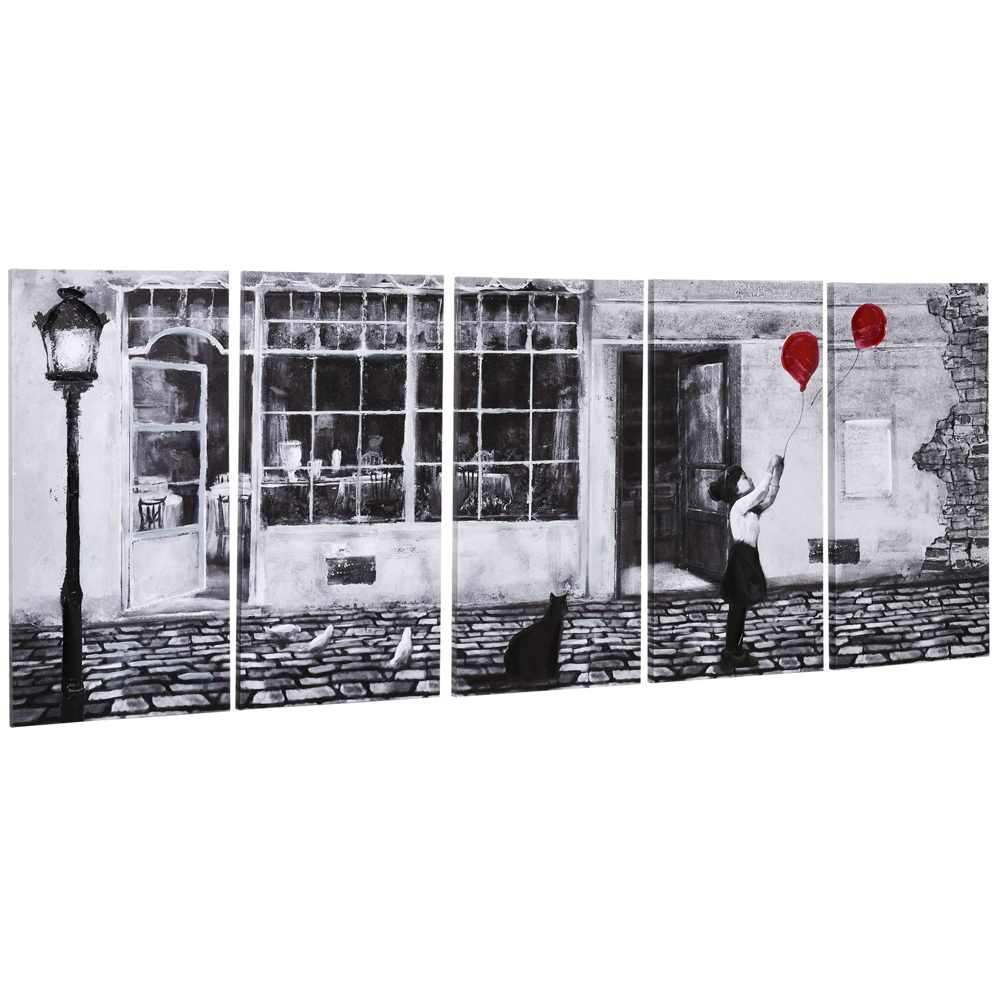 Image of Easycomfort Stampa su Tela con Bambina, 80x40cm, 5 Pezzi per Casa e Ufficio, Tela in Legno di Pino e Vernice ad Acqua, Nero Bianco Rosso