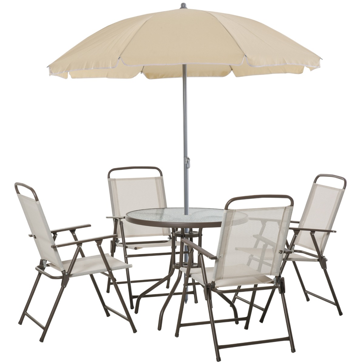 Easycomfort 6 pz Set Mobili da Giardino in Tubi d'Acciaio, Tavolo da Giardino con Sedie e Ombrellone, Crema