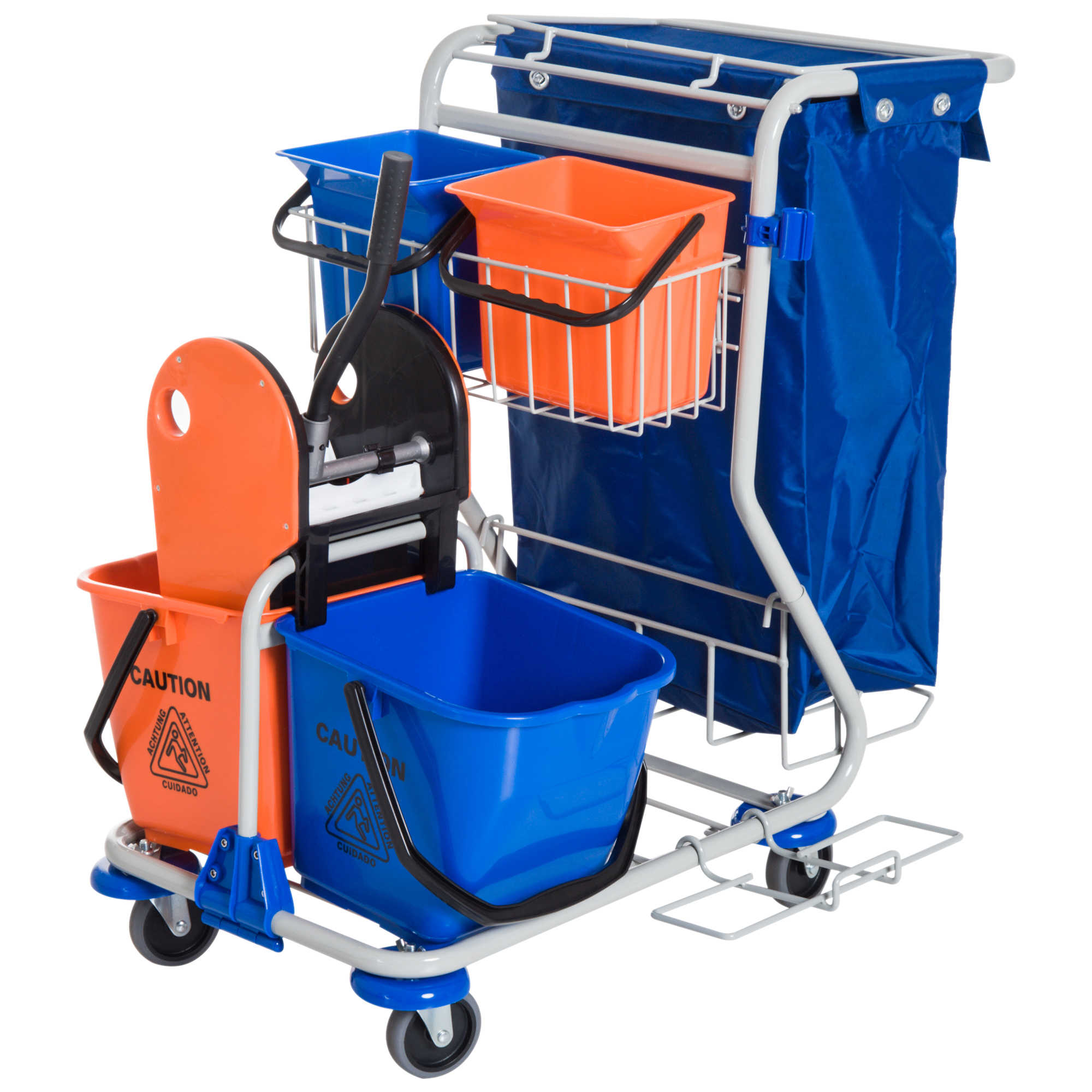 Easycomfort Carrello Pulizie Professionale con Sacco per Immondizia, 2 Secchi Lavapavimenti 18L, 2 Secchio Portaoggetti 6L, Strizzatore per Mocio, Gancio e Ruote per Hotel e Albergo, 93x80x97 cm, Arancione