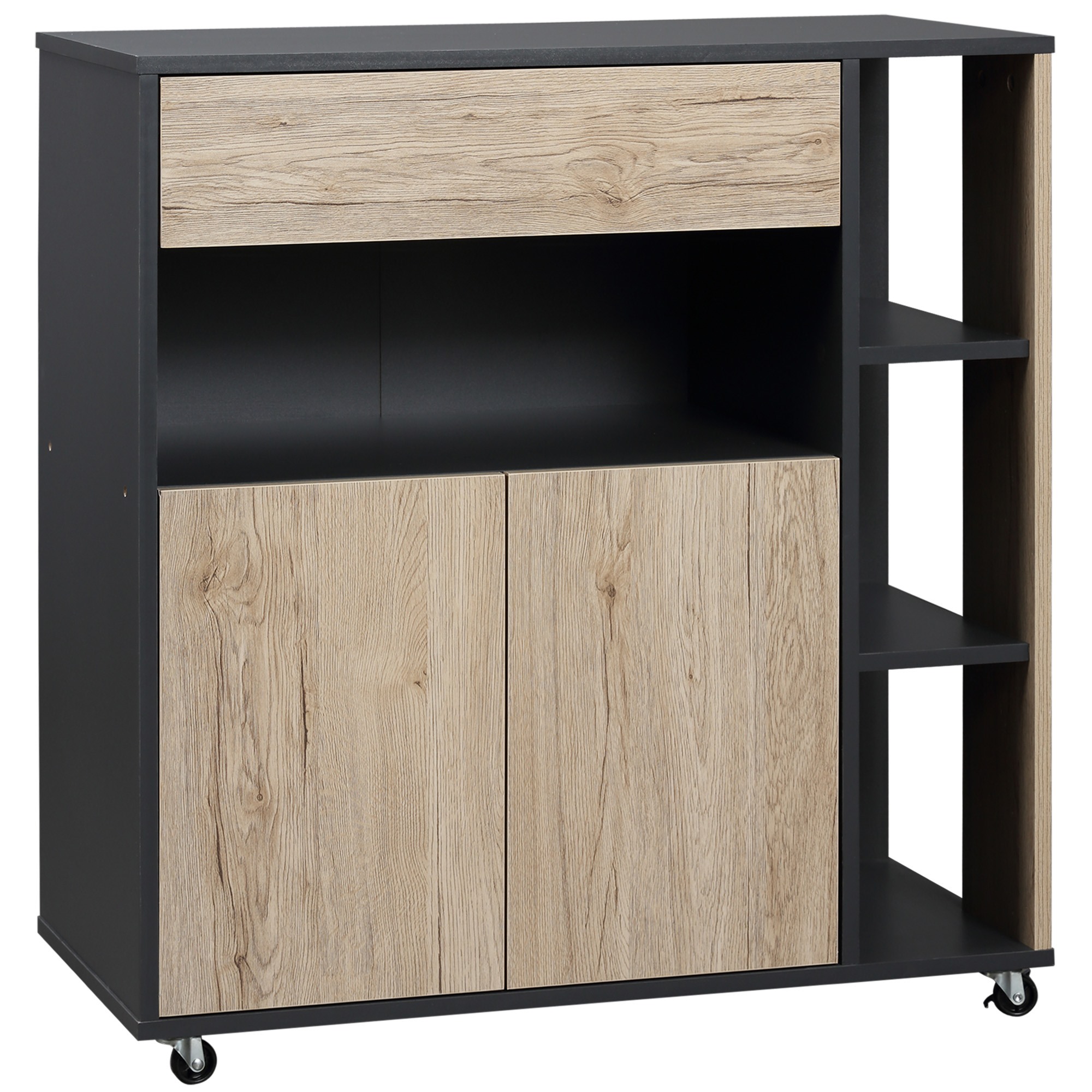 Easycomfort Carrello da Cucina Multiuso con Cassetto, Armadietto e Scaffale, 80x39x86.5cm, Legno e Nero