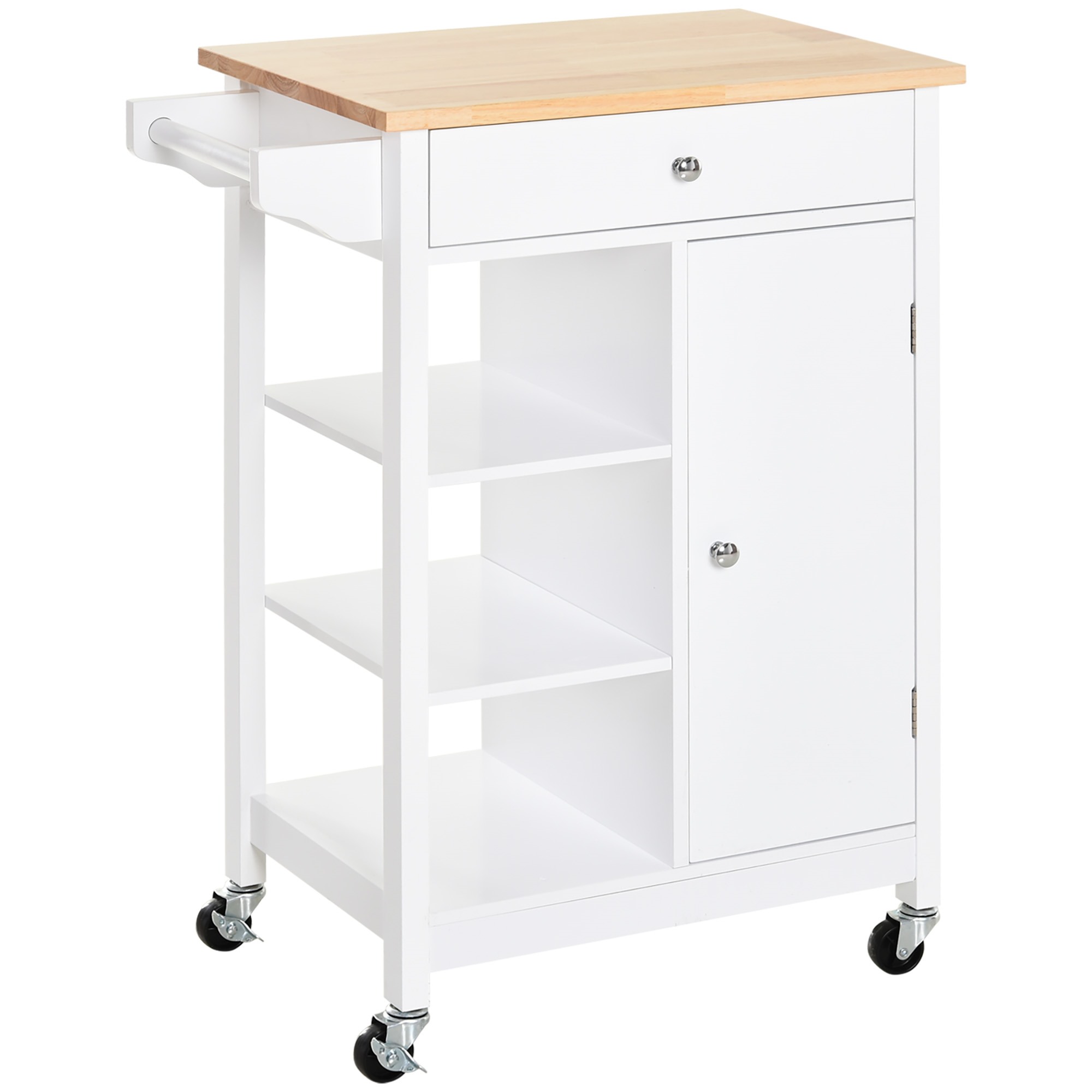 Easycomfort Carrello da Cucina Salvaspazio in MDF con Piano di Lavoro in Legno di Gomma, Cassetto, Armadietto, 3 Mensole, Ripiani Regolabili, Porta Strofinacci e Ruote Girevole, 66x39.5x86.5cm, Bianco