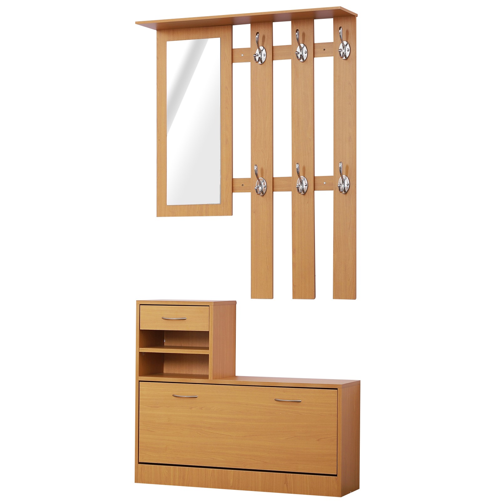 EasyComfort Set Mobili Ingresso Moderno con Scarpiera e Specchio, Appendiabiti da Ingresso con 6 Ganci, 2 Ripiani Regolabili e Cassetti in Legno per Corridoio, 90x24x166 cm, Legno