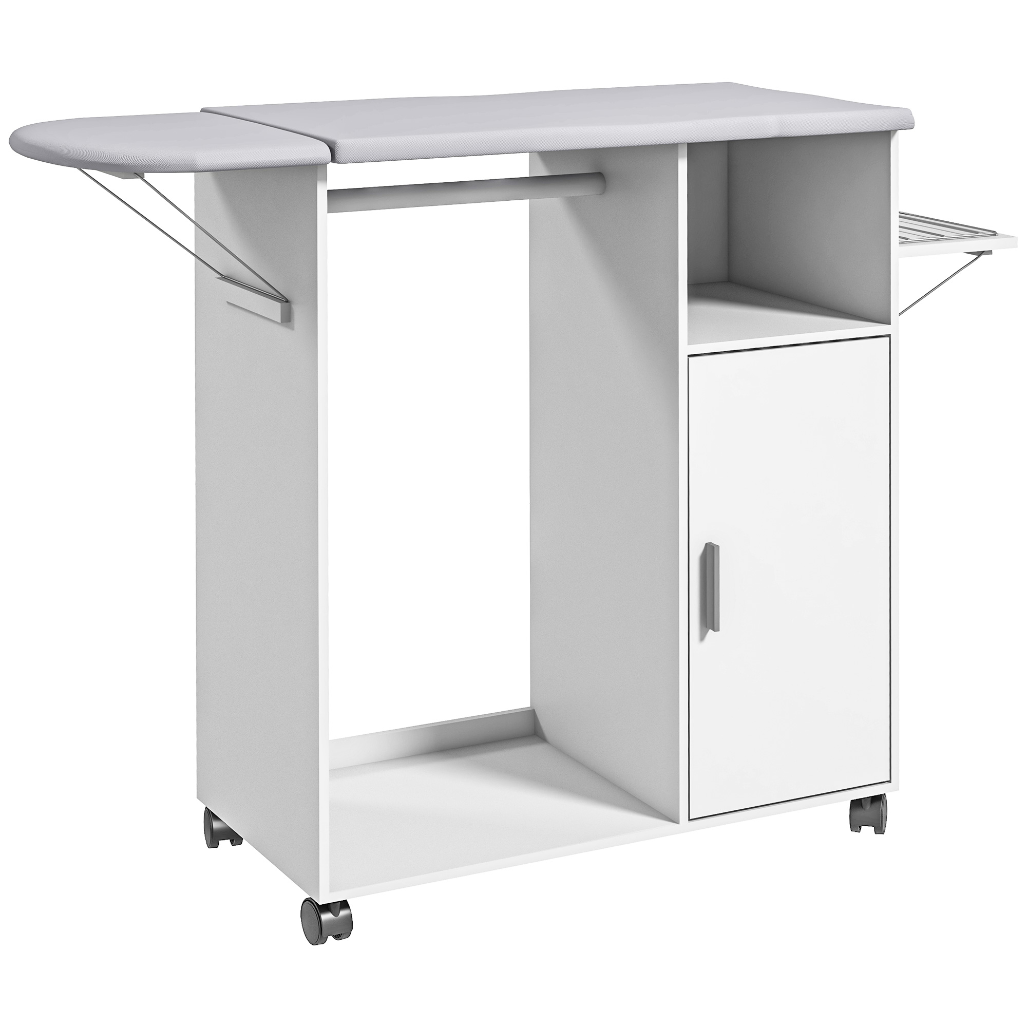 Easycomfort Mobile Asse da Stiro con Piano d'Appoggio, 3 Ripiani a Cubo e Guida, 127x42.5x99cm, Bianco