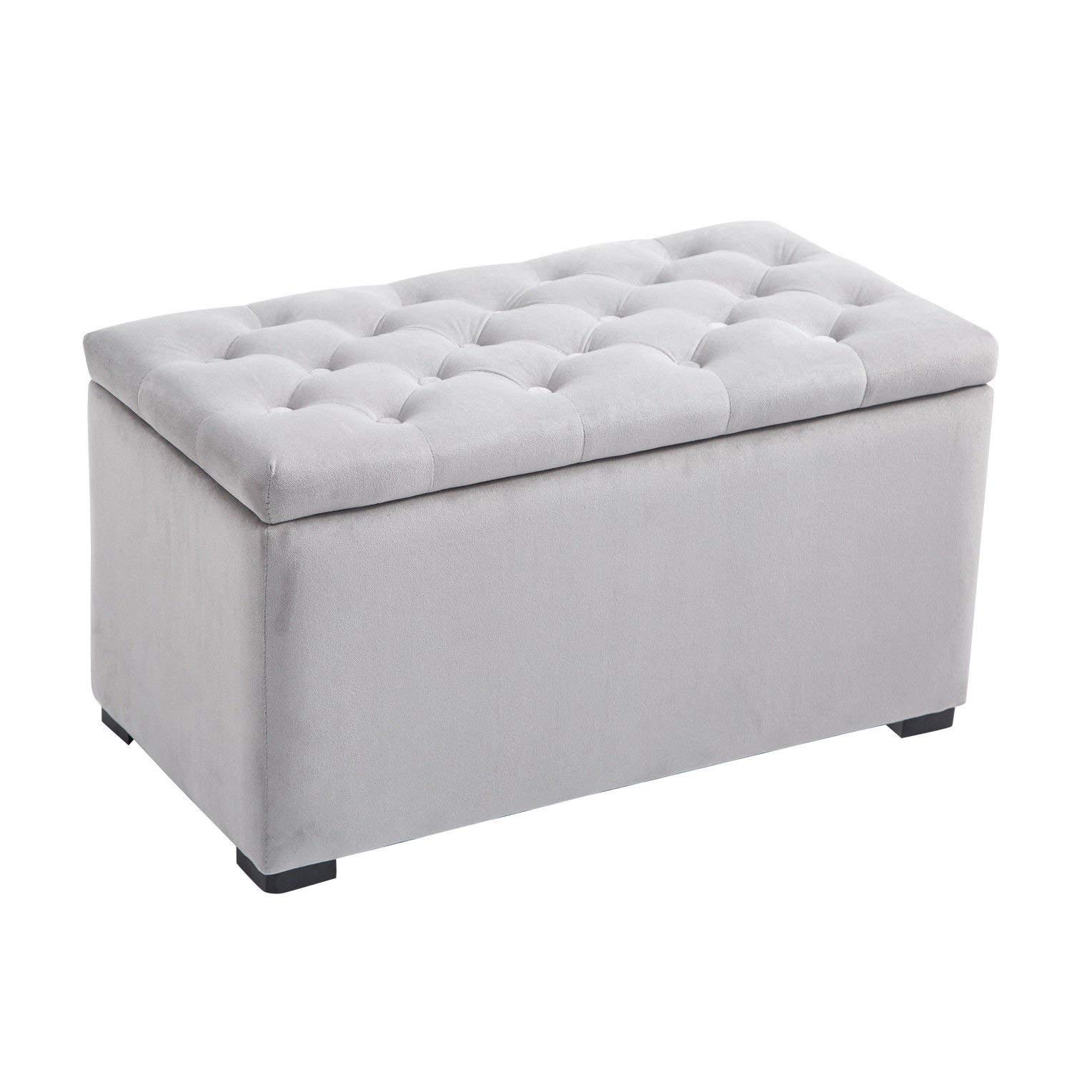 Easycomfort Panca Portaoggetti Set di 3 Pezzi con 2 Sgabelli Pouf in Velluto, Grigio Perla