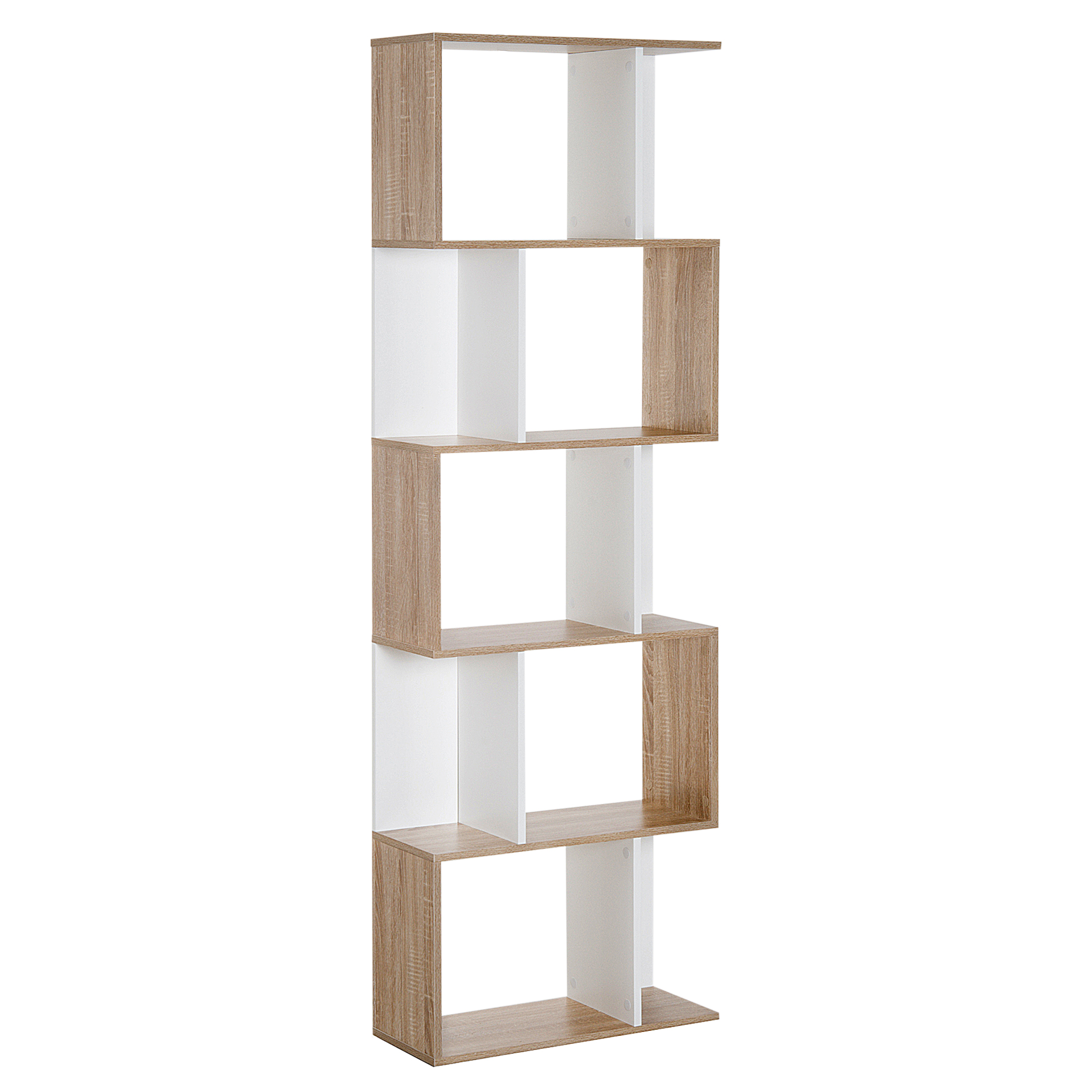 Easycomfort Scaffale Libreria a 5 Ripiani Suddivisi, Libreria Salvaspazio a Forma di S in Legno, Scaffale Divisorio per Soggiorno, Camera da Letto e Ufficio, 60x24x184.5 cm, Color Legno e Bianco