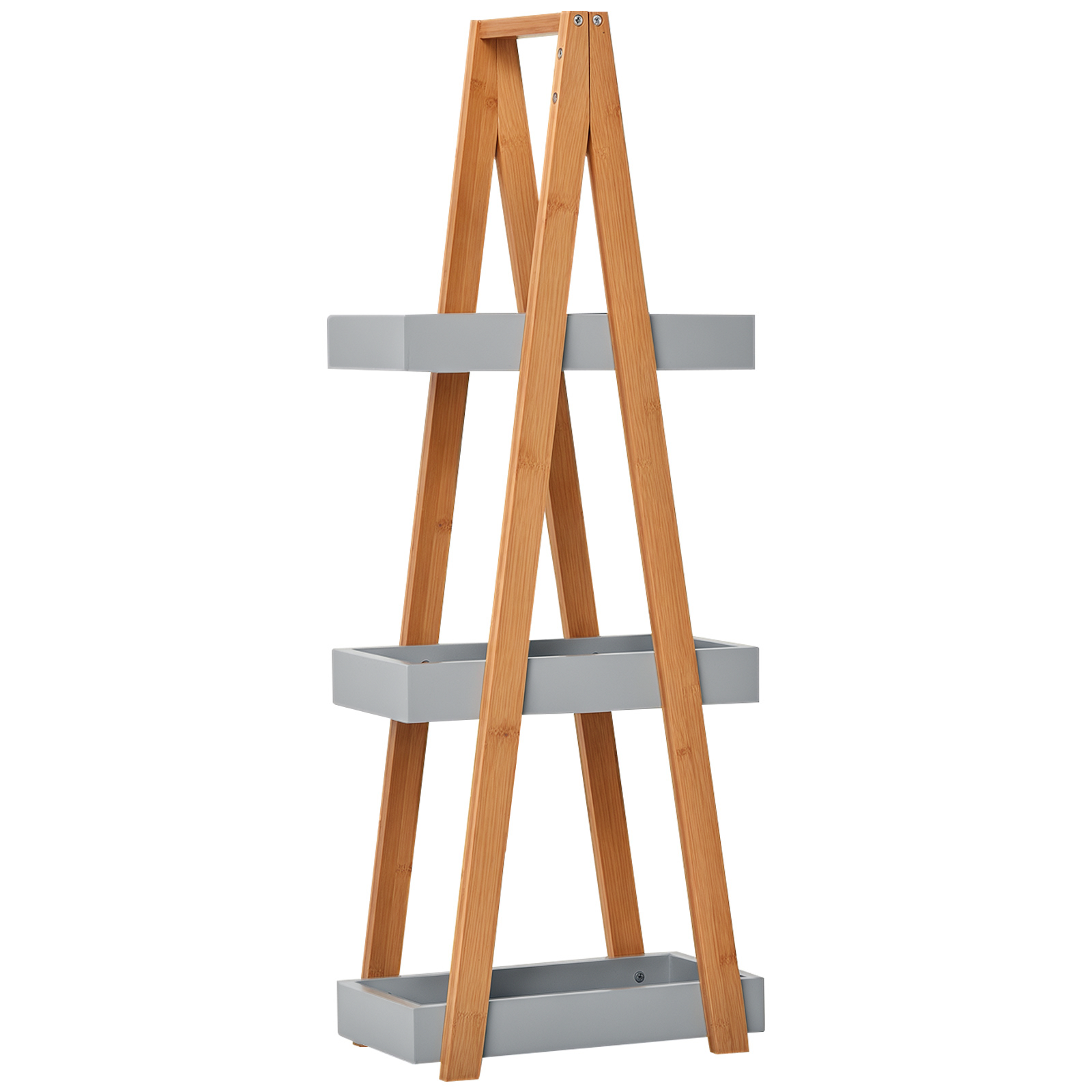 Easycomfort Scaffale Salvaspazio da Bagno in MDF e Bambù, Forma a Piramide con 3 Mensole, Color Legno e Grigio, 30x18x81cm