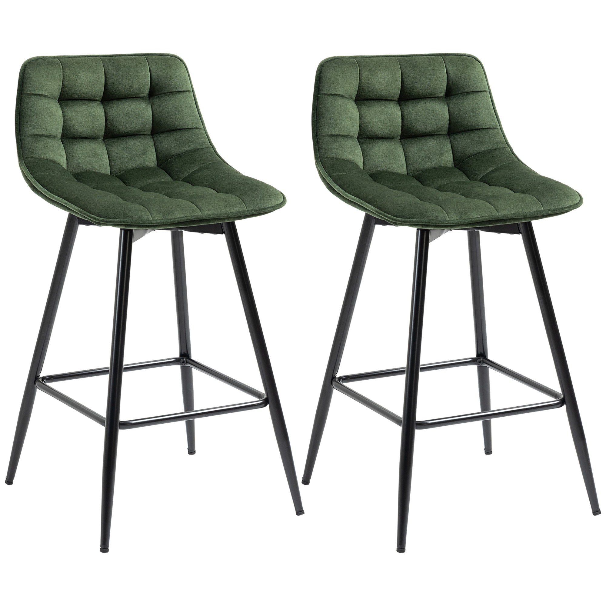 Easycomfort Set 2 Sgabelli da Bar con Schienale e Poggiapiedi Stile Nordico in Metallo e Velluto, Verde, 45x47x84cm