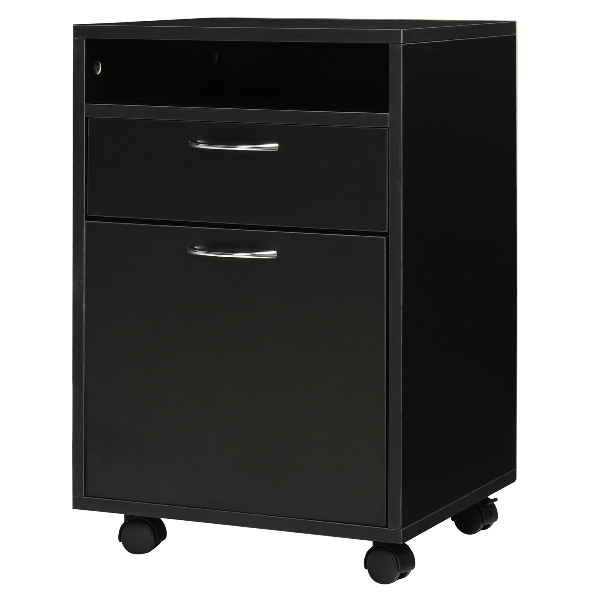 Easycomfort Cassettiera da Ufficio Portadocumenti a 4 Ruote con Ripiano Aperto e 2 Cassetti, Mobiletto da Ufficio in Legno e Metallo, 40x35x60 cm, Nero
