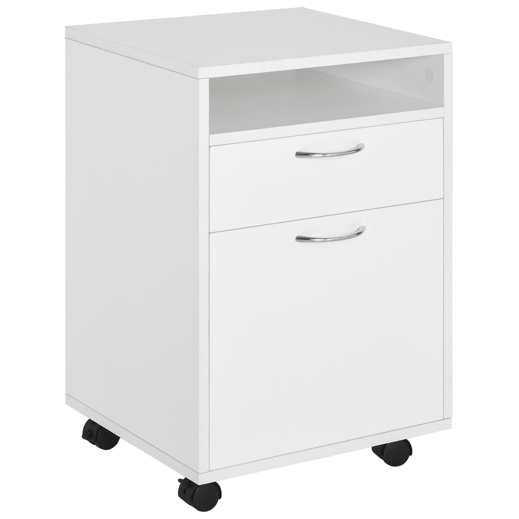 Easycomfort Cassettiera da Ufficio Portadocumenti a 4 Ruote con Ripiano Aperto e 2 Cassetti, Mobiletto da Ufficio in Legno e Metallo, 40x35x60 cm, Bianco