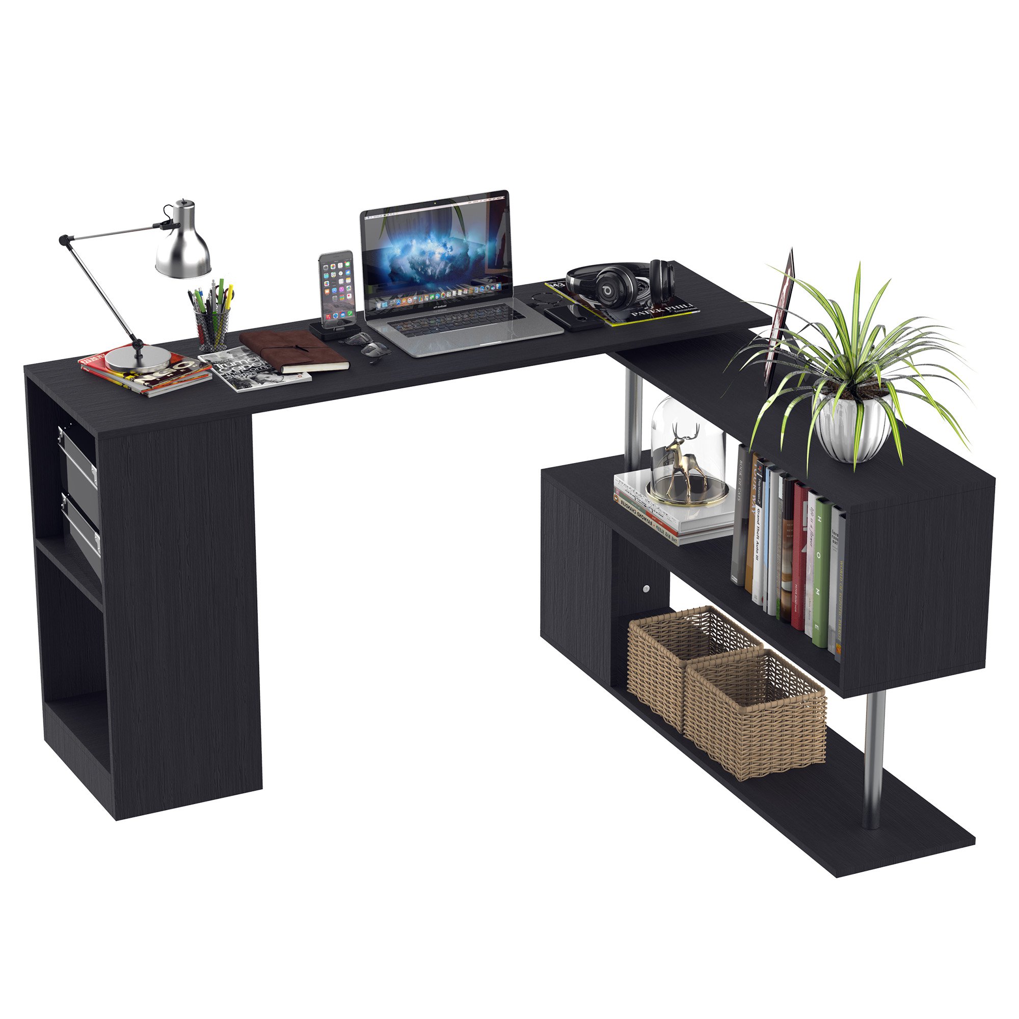 Easycomfort Scrivania Angolare Salvaspazio con Ripiano a S, Scrivania Moderna in Legno, 140x120x78 cm, Nero