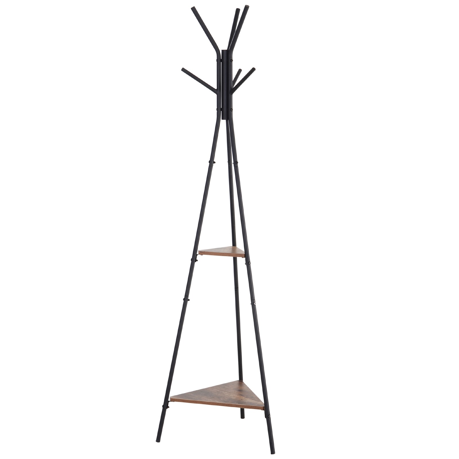Easycomfort Appendiabiti da Terra con 2 Ripiani e 6 Ganci, Attaccapanni ad Albero in Stile Industriale, 46x52x182 cm, Nero e Marrone