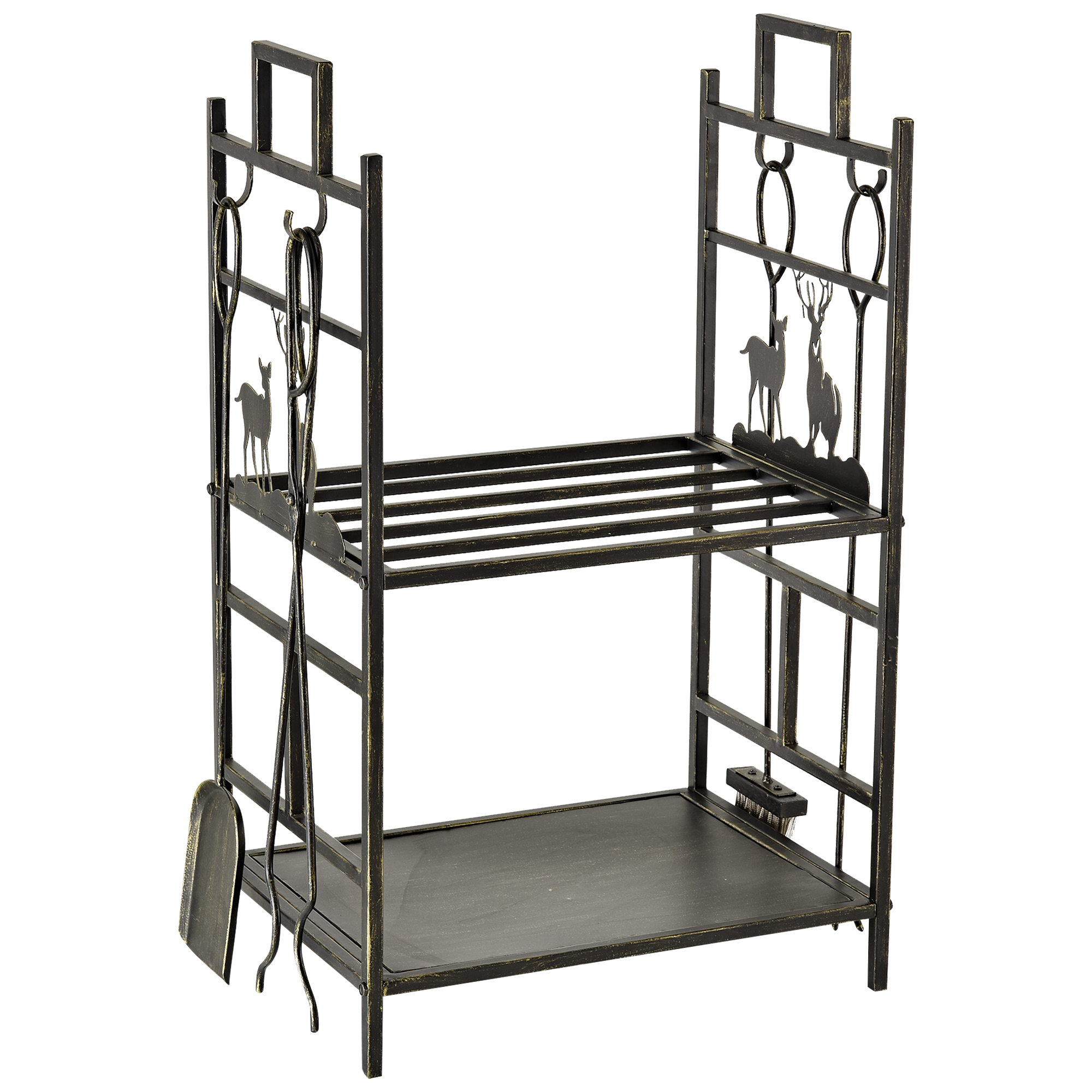 Easycomfort Portalegna in Ferro Battuto con Attrezzi per Camino, Manici e Base Rialzata, 51.5x33x77cm, Nero