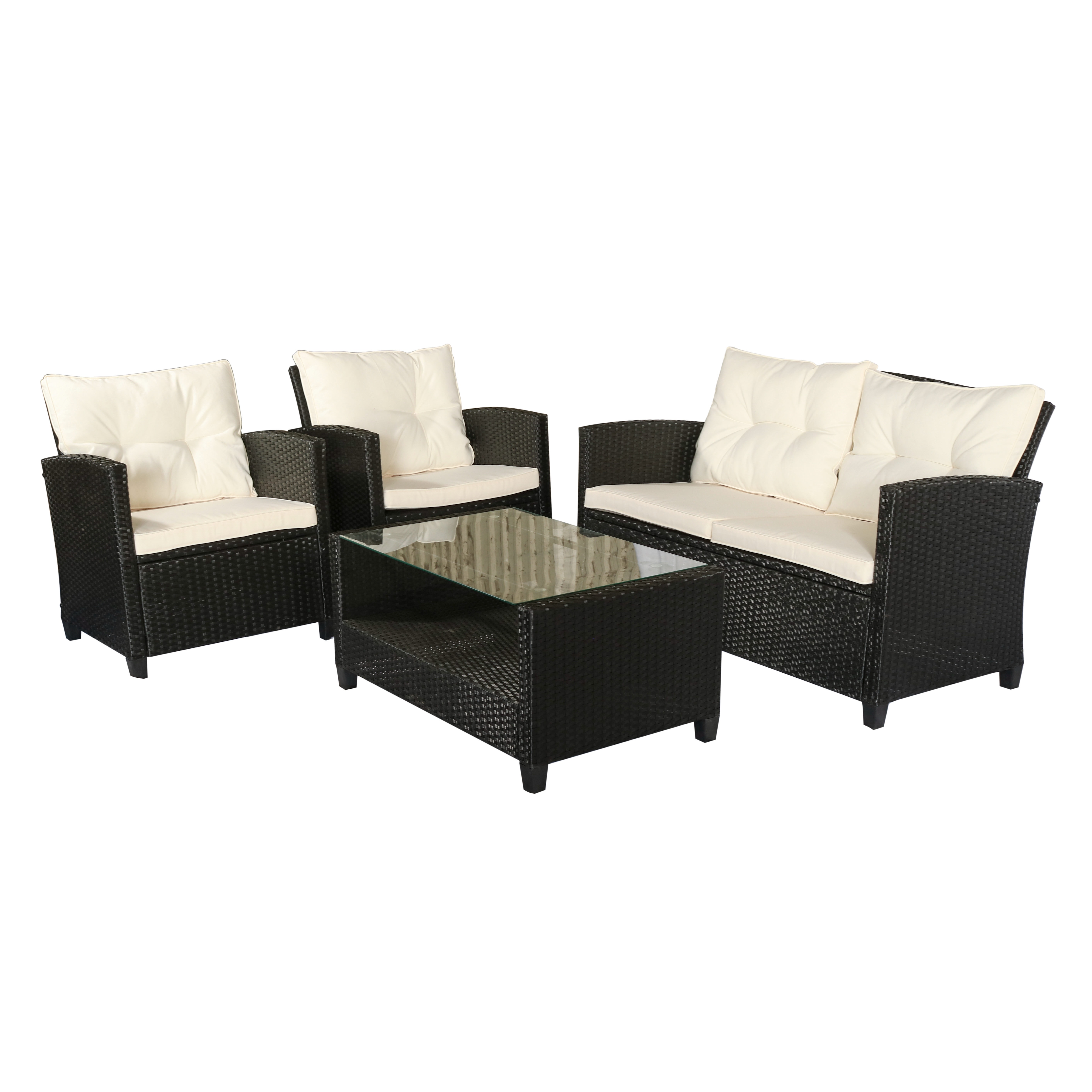 Easycomfort Set Mobili da Giardino 4 Pezzi in Rattan PE e Tavolino, Divano e Poltrone Imbottiti Nero e Beige 124x68x76cm