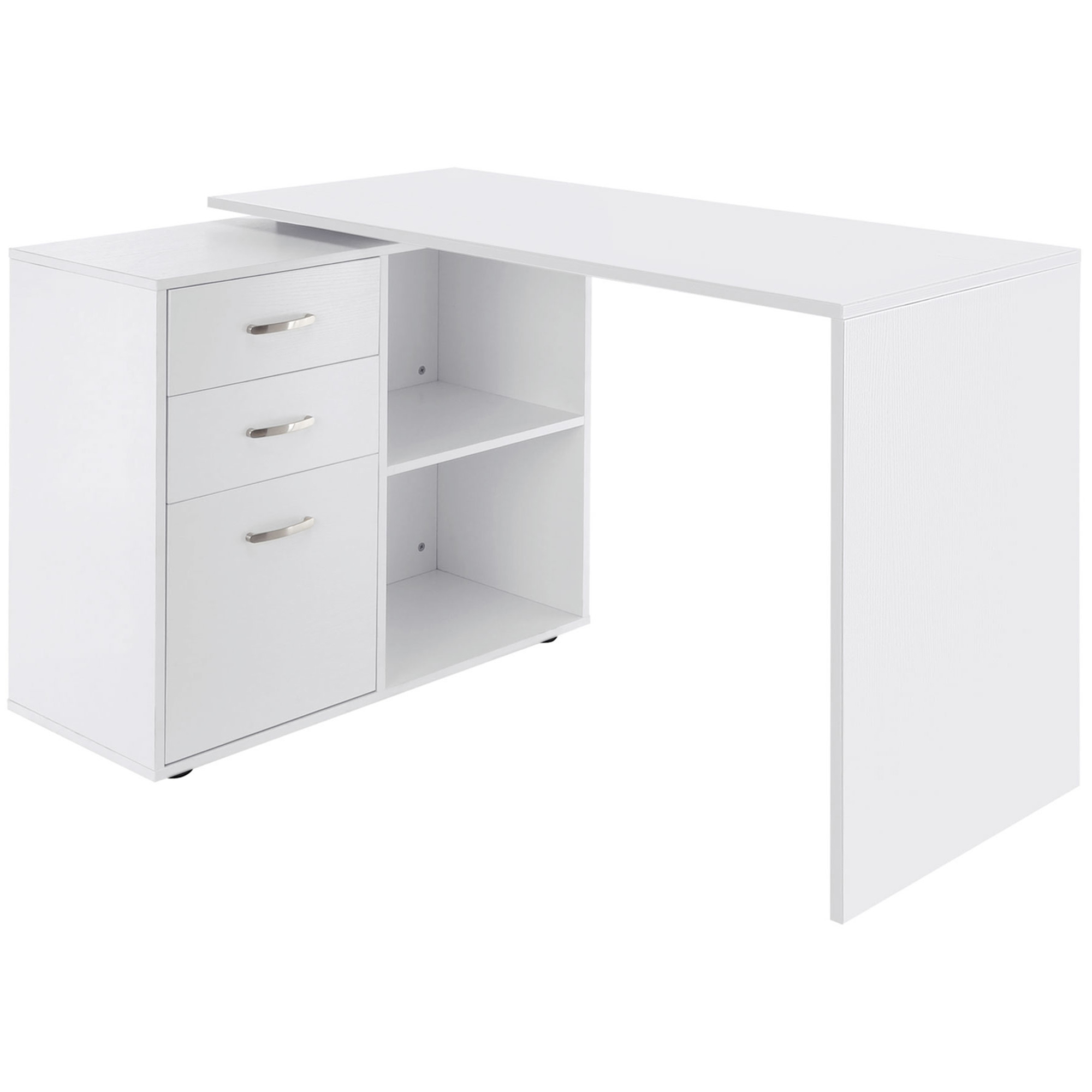 Easycomfort Scrivania Angolare per PC con 2 Cassetti e Ripiani Aperti, Scrivania ad Angolo Forma a L in Legno e Metallo, 117x83.5x76 cm, Bianco