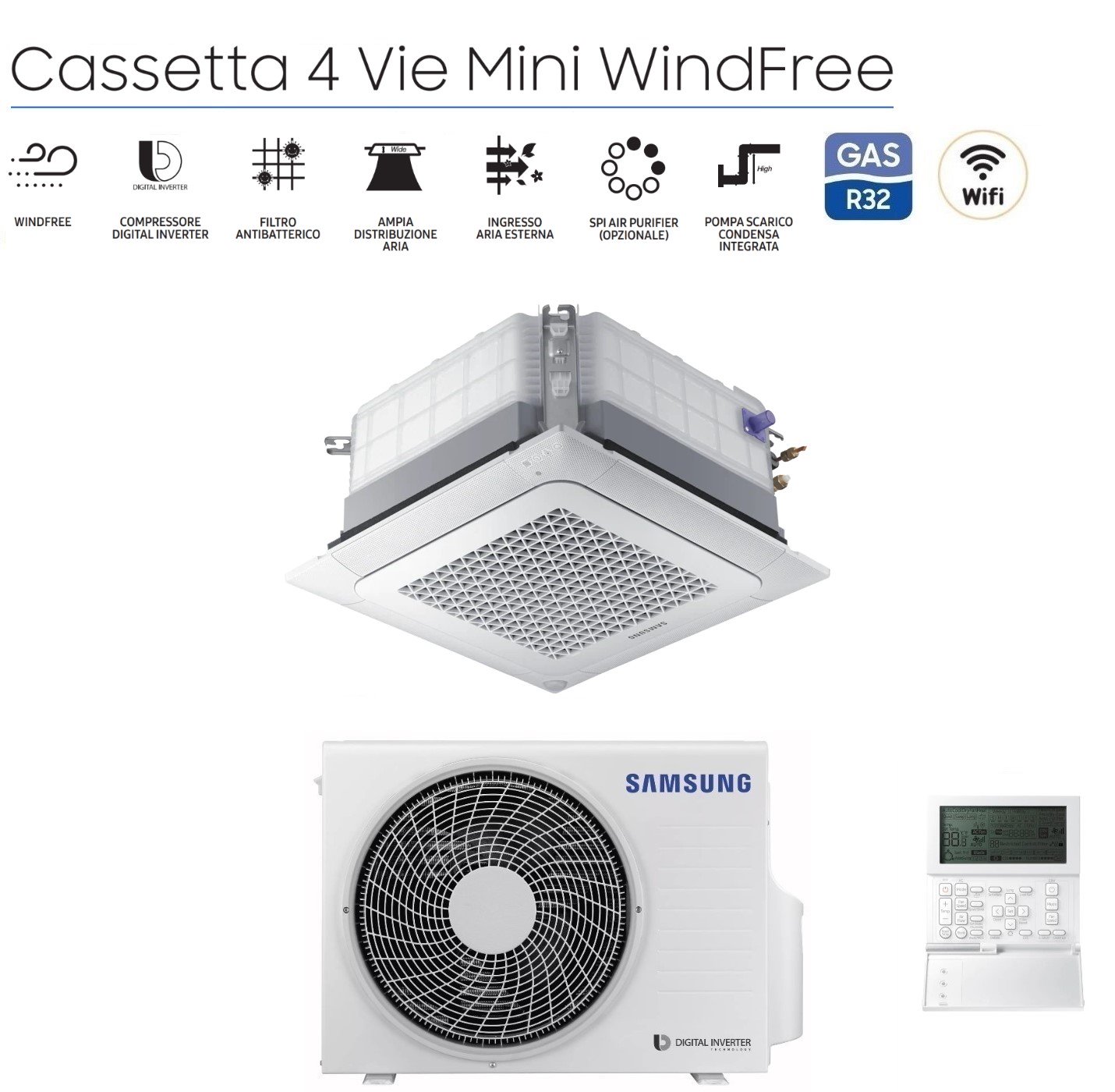 Climatizzatore Condizionatore Samsung Cassetta 4 Vie Inverter MINI WINDFREE 9000 Btu AC026RNNDKG R-32 Wi-Fi Optional Con Pannello e Comando a Filo