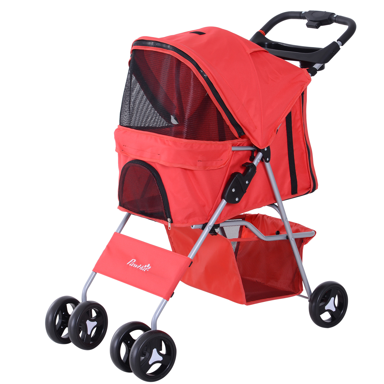 Easycomfort Passeggino per Cani Piccoli Pieghevole, Carrozzina per Cani con Ruote con Freni, Portabicchieri, Cestino Portaoggetti, 3 Finestre e Ruote Anteriori a 360°, per Animali Domestici 10 kg, Rosso