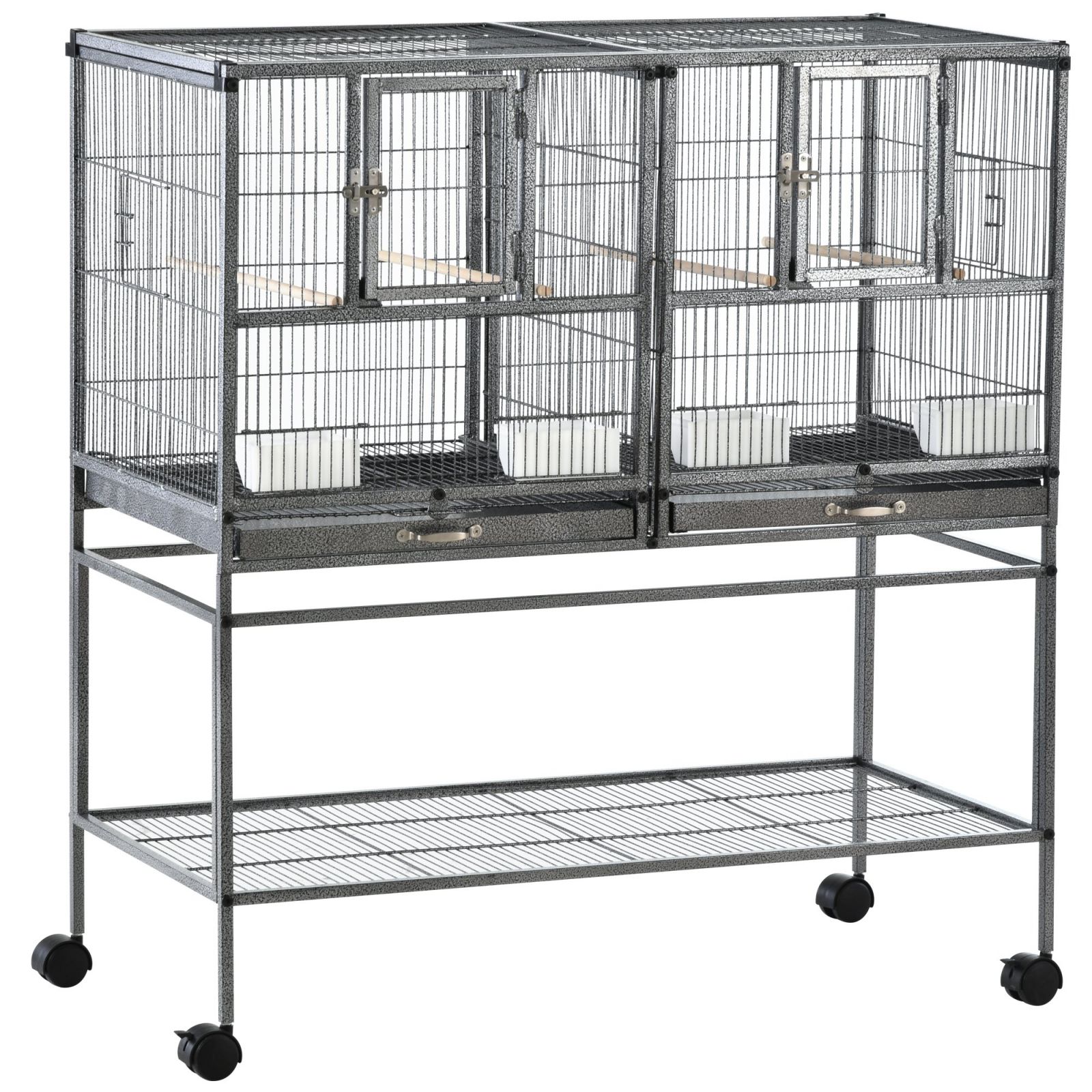 Easycomfort Doppia Gabbia per Uccelli in Metallo di Alta Qualità con Vassoi Estraibili, Supporto Stabile con 4 Ruote e Ripiano, 95x45.5x102cm, Nero Grigio