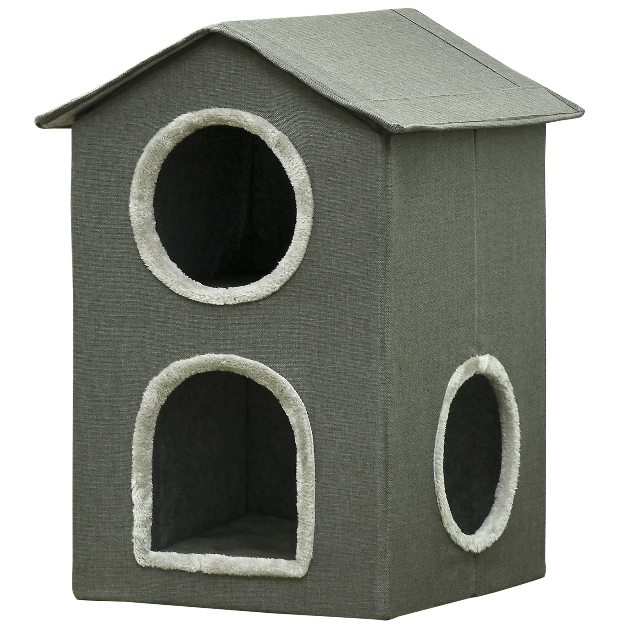 Easycomfort Casetta per Gatti a Due Livelli con Cuscini Lavabili 3 entrate, 42x46x59.5 cm, Grigio