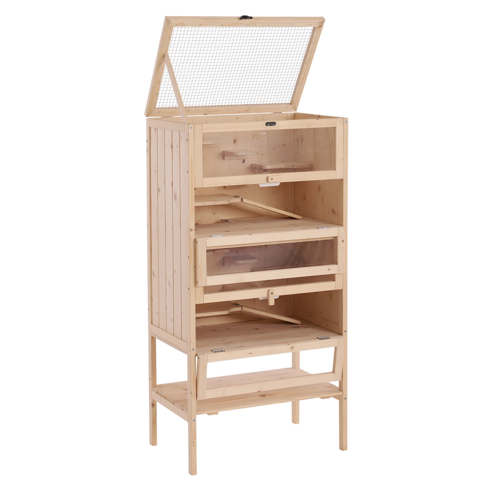 Easycomfort Gabbia per Criceti Roditori Porcellini d'India in Legno Massello Tetto Apribile 4 Ripiani Collegati con Rampe 60x40x120cm