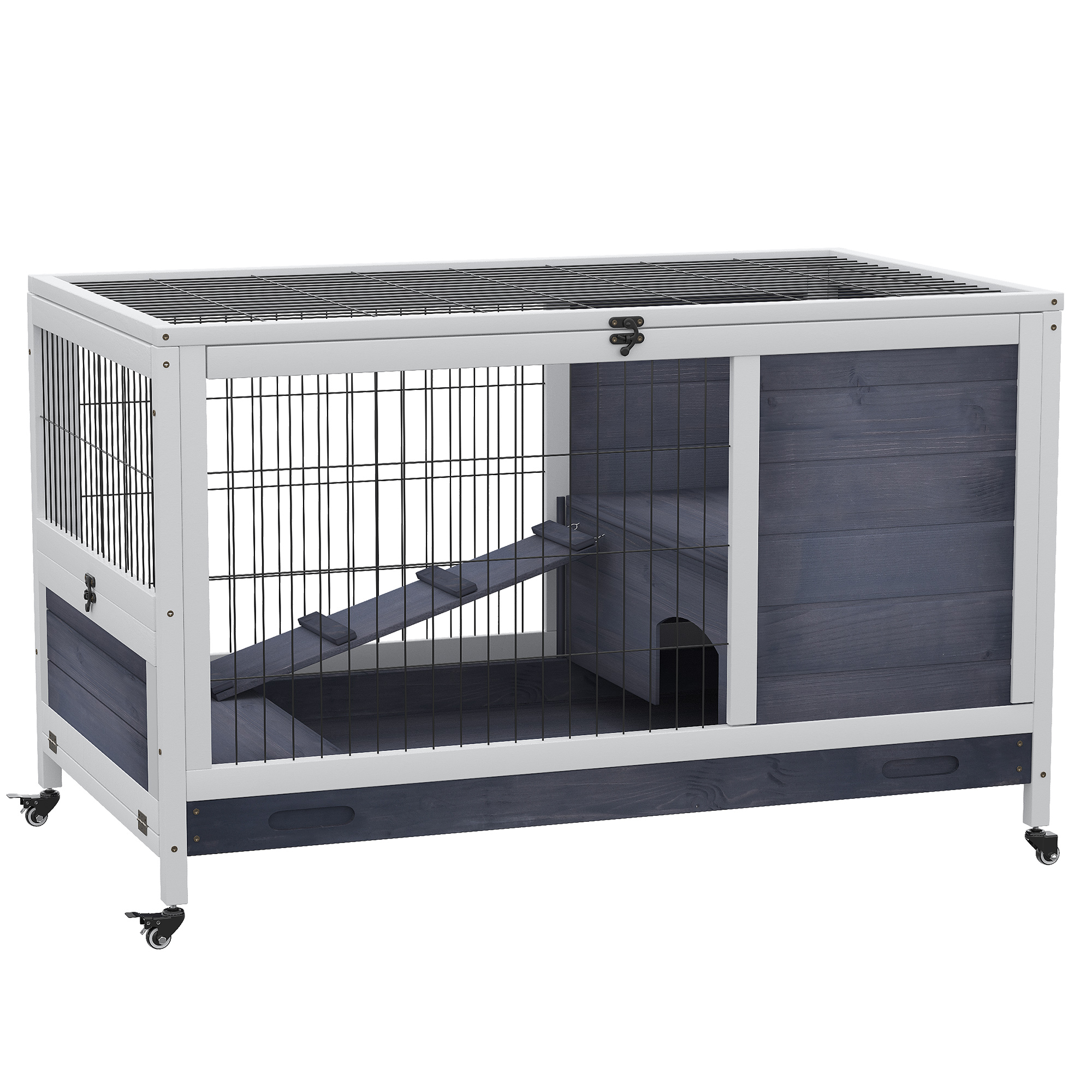 Easycomfort Gabbietta per Conigli e Porcellini d'India Conigliera con 4 Ruote, Casetta, Rampa e Vassoio Rimovibile, Legno Naturale, Grigio e Bianco, 90x53x59 cm