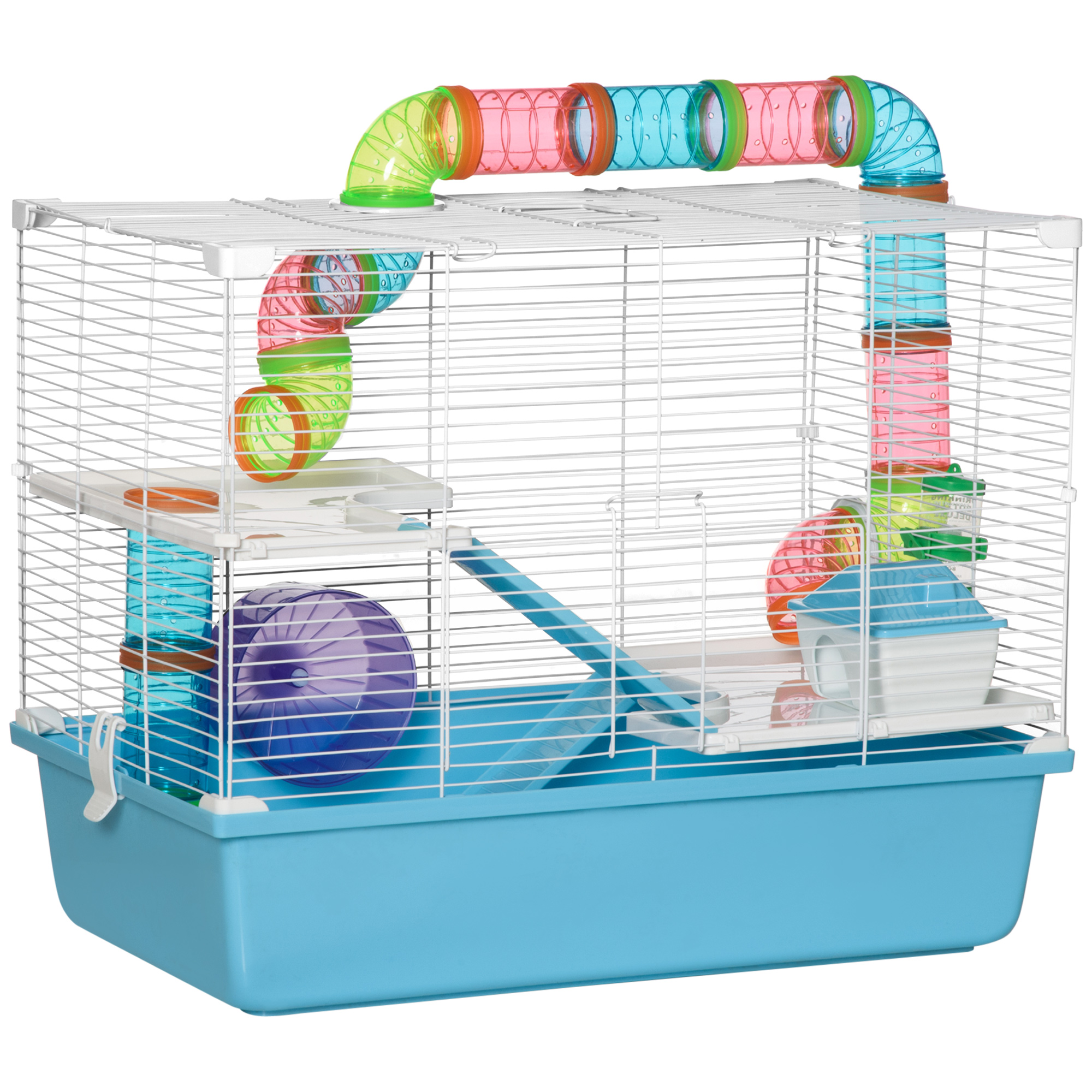Easycomfort Gabbia per Criceti a 3 Livelli con Tubi, Casetta, Serbatoio dell'Acqua e Ruota, 59x36x47 cm