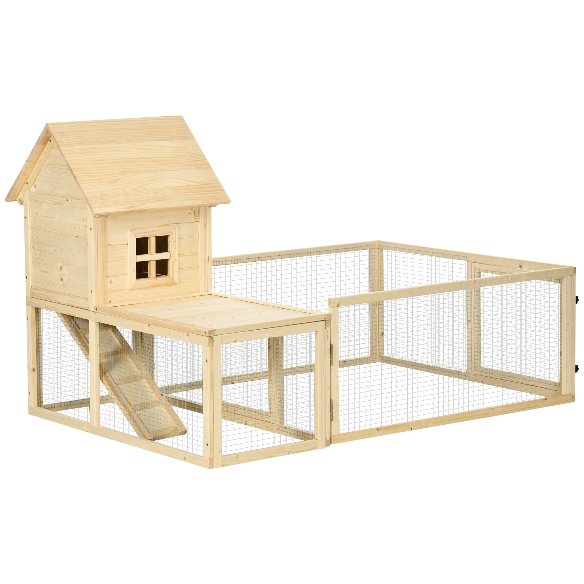 Easycomfort Conigliera per Interno in Legno d'Abete con Vassoio Estraibile, 3 Porte e Area Esterna, 151.5x106x97 cm