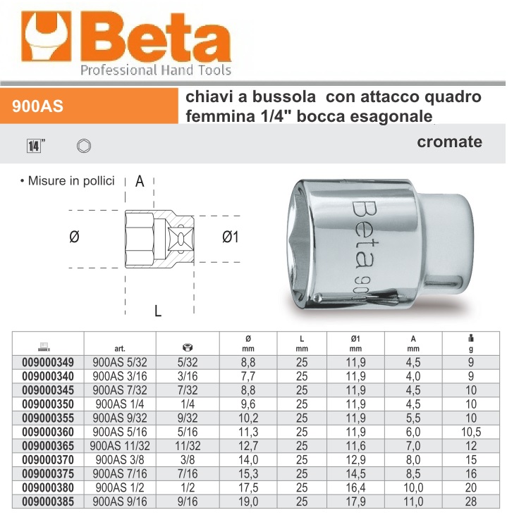 900AS Chiavi a bussola attacco quadro femmina bocca esagonale cromate