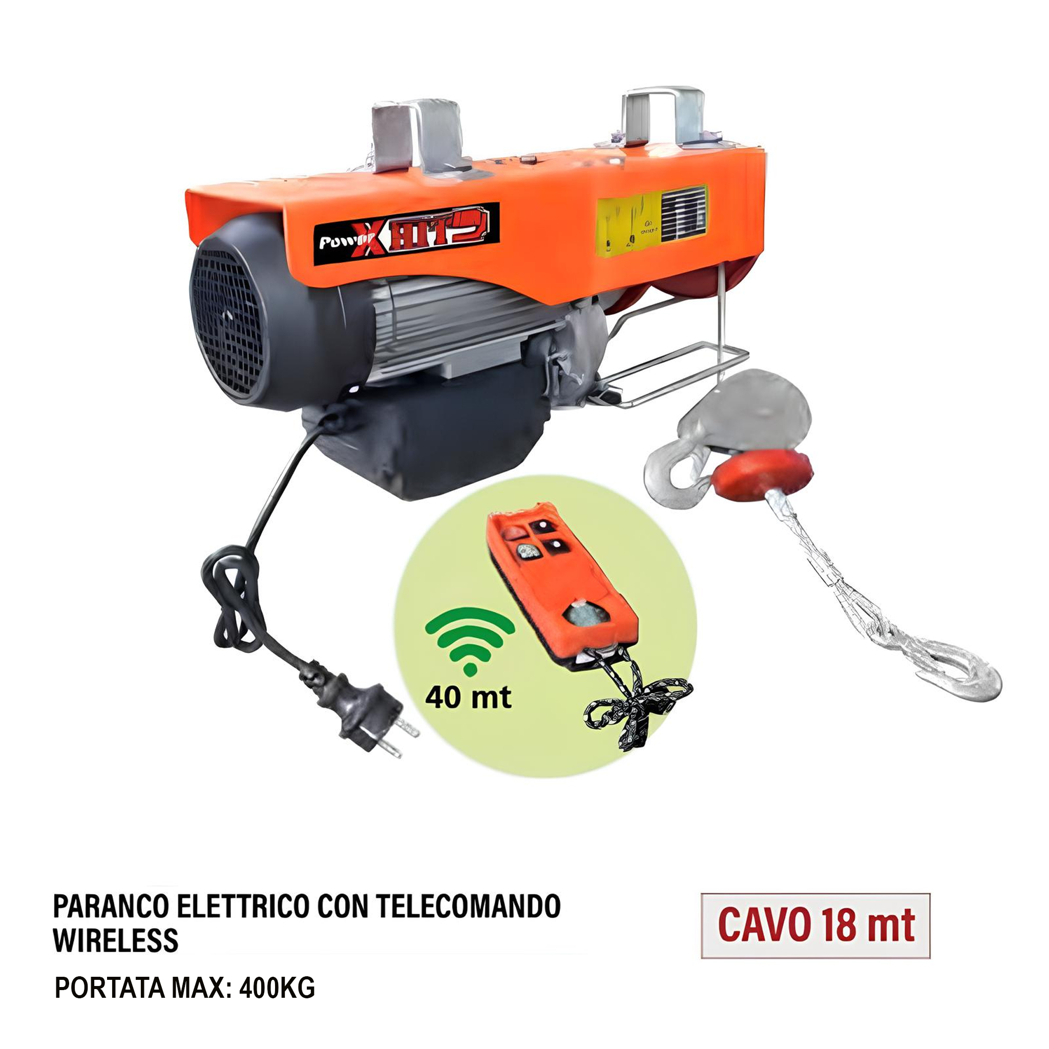 Image of Paranco Elettrico Con Telecomando Wireless Cavo 18mt Portata Max 400kg - PH917